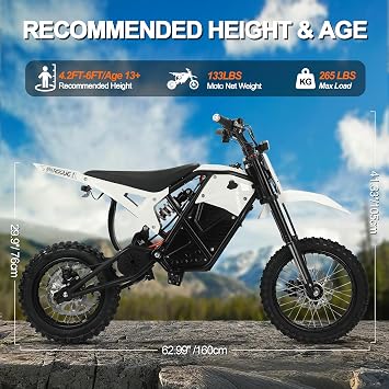 Electric Dirt Bike for Teens & Adults, 3000W 3 Speed Modes (Max 37.5MPH) 48V 23AH, 14/12 Tire Off-Road EBike, Dual Hydraulic Disc Brakes, Full Suspension, Age 13+ (White)