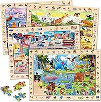 SYNARRY 4x60 Piece Wooden Match & Find Puzzles for Kids 3-8 | Jungle Savanna Polar City Animals Educational Toys
