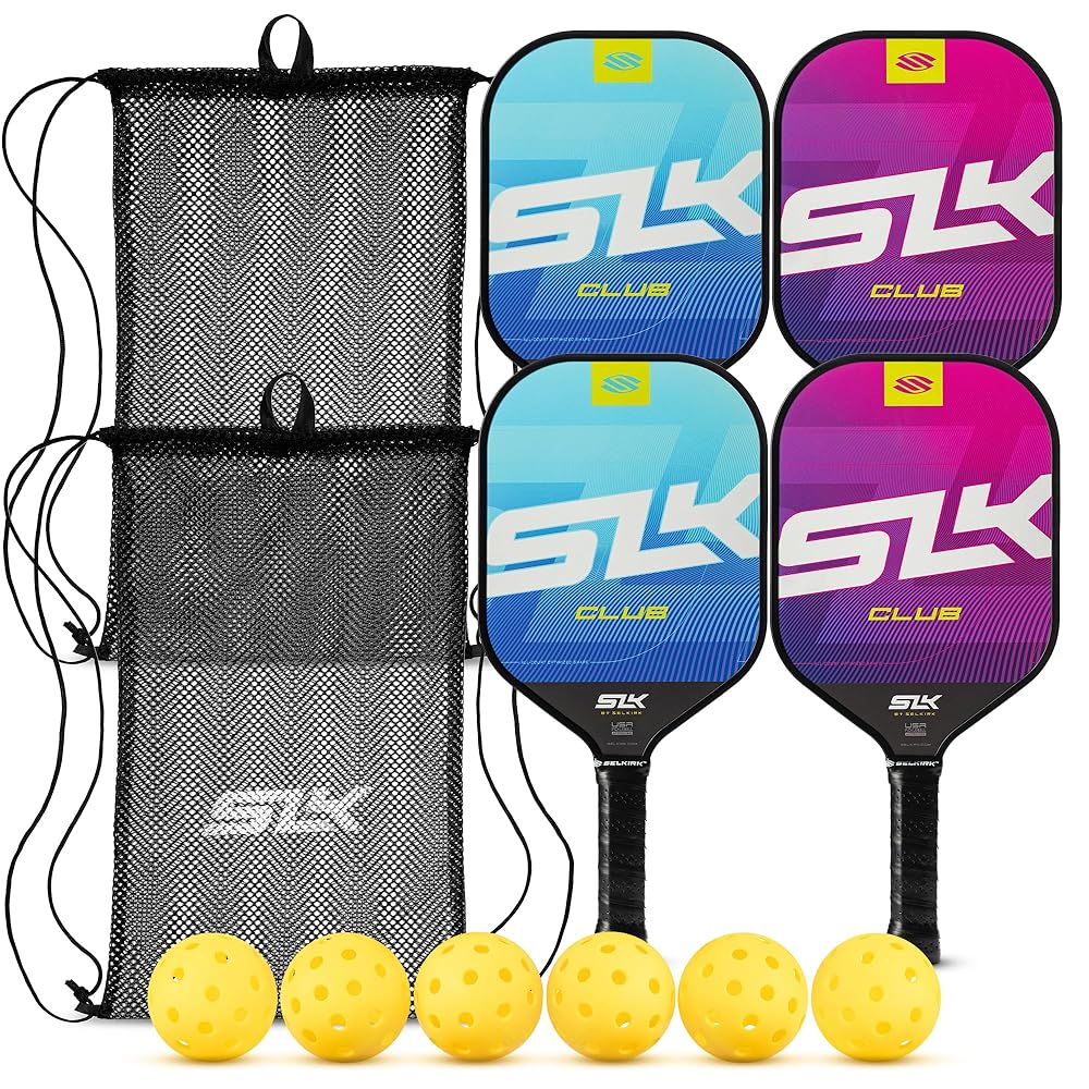 SLK Club Pickleball Paddle Bundle by Selkirk | Graphite & Fiberglass Face | SX3 Honeycomb Core | Ultimate Starter Set | 4 Lightweight Paddles | 6 Hybrid+ Pickleballs | 2 Mesh Sling Bags