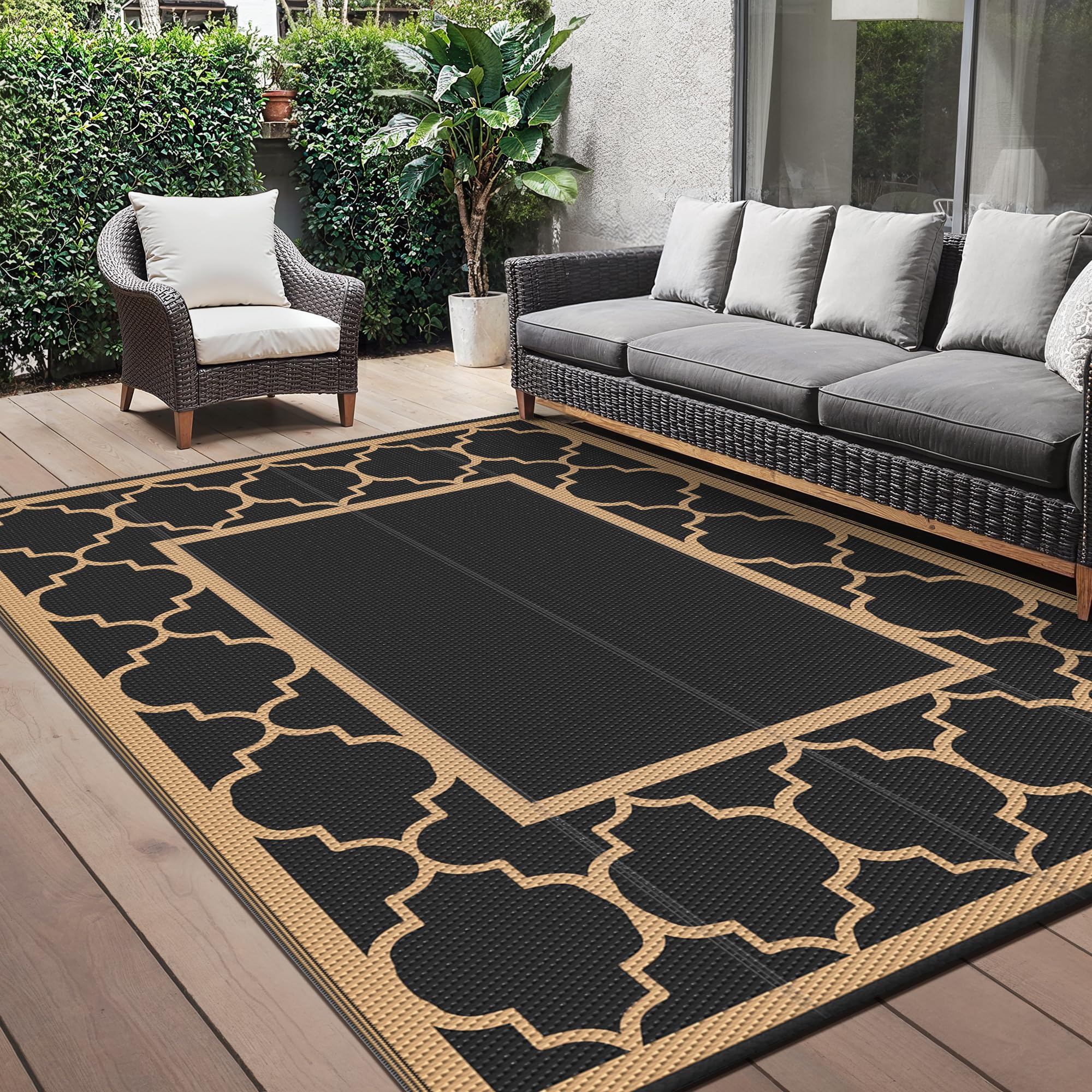GENIMO Outdoor Rug 180x275cm,Garden Rugs Waterproof Reversible Plastic Carpet, Washable Large Outdoor Rug for RV, Patio, Camping, Picnic, Deck, Camper,Black & Brown