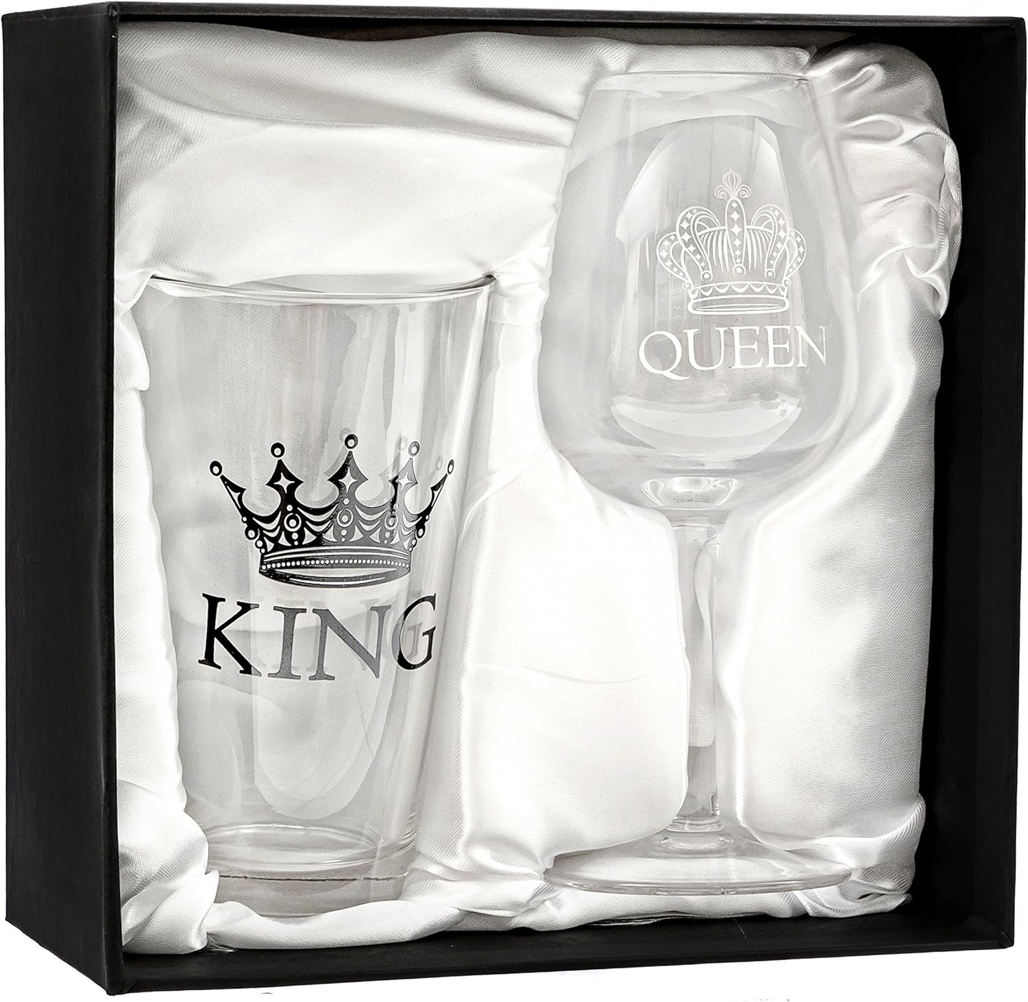 Creative Product King Beer & Queen Wine Glass Set | Beautiful Gift for Newlyweds, Engagements, Anniversaries, Weddings, Parents, Couples, Christmas - Novelty Drinking Glassware (King Beer & Queen Wine Glass Set)