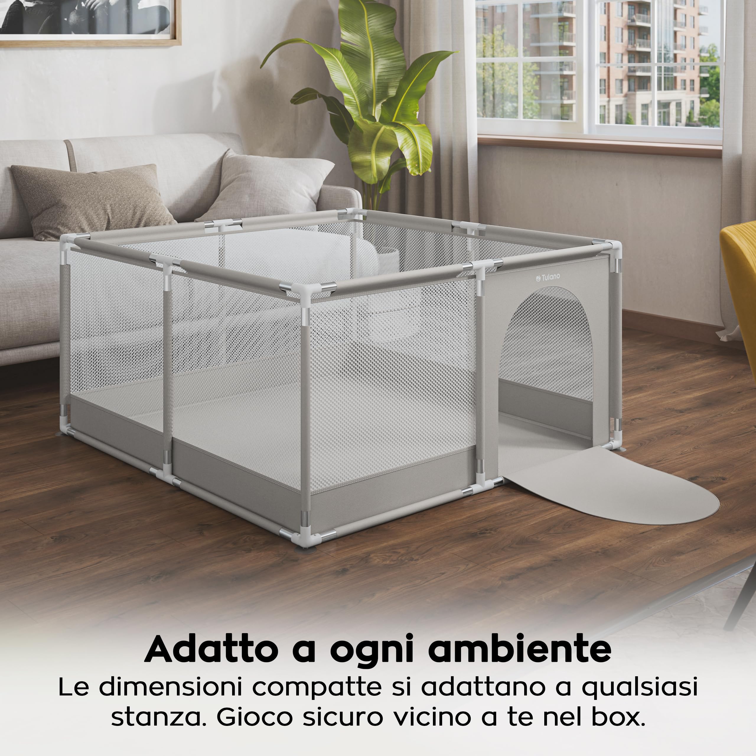 Tulano Cozy 20 Box per Bambini 130x130 cm - 6-36 mesi – Recinto Neonato con Fondo – Struttura in Metallo – Rete Traspirante – Porta con Cerniera – Borsa Inclusa – Casa e Giardino - Grigio