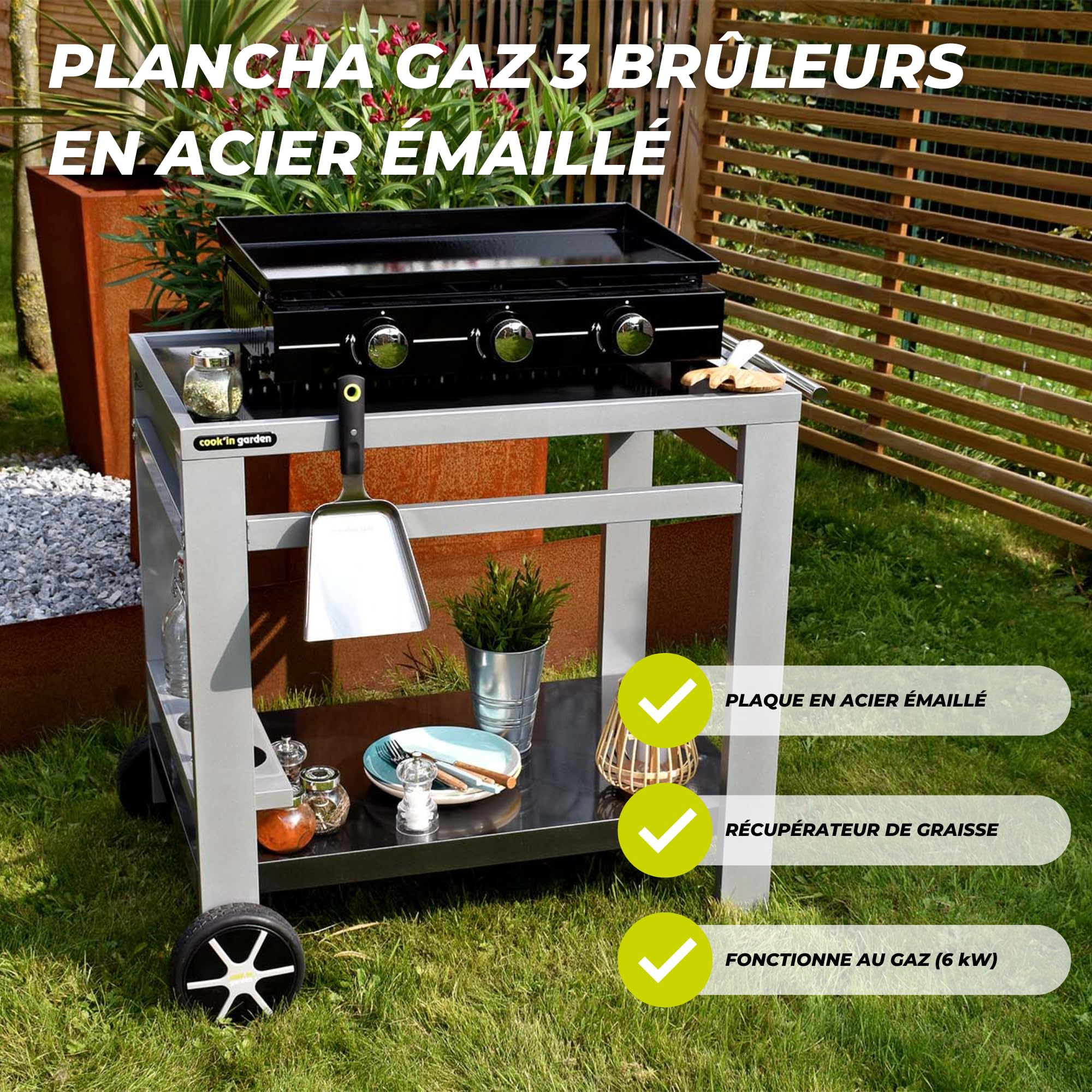 Cook’in Garden - Plancha Gaz Extérieur, 3 Brûleurs pour 10 Personnes, Plaque en Acier Émaillé Antiadhésif, Bac Récupérateur de Graisse Amovible, Idéal Terrasse et Jardin