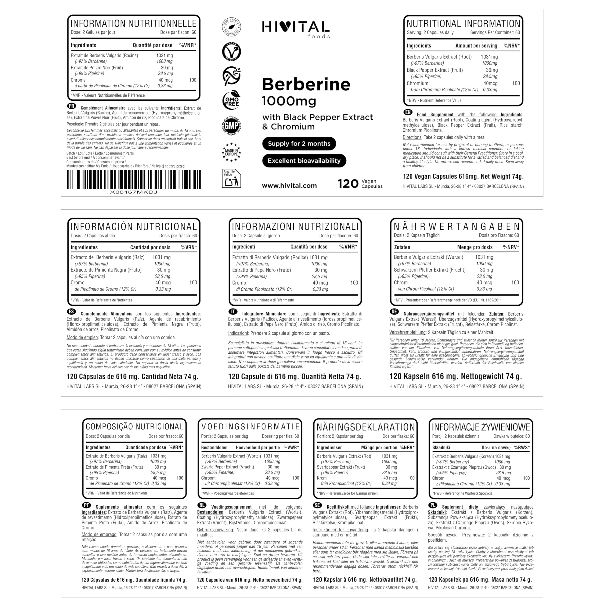 Berberina 1000 mg. 120 capsule vegane per 2 mesi di trattamento. Estratto naturale di Berberis Vulgaris con Cromo e Pepe Nero. Prodotto in Europa da HIVITAL