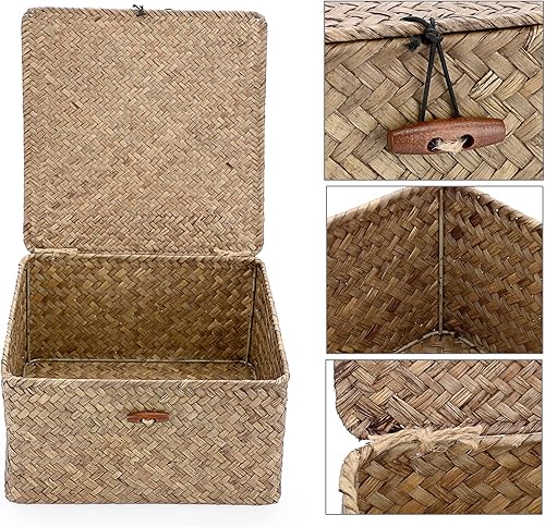 Miniatura 3 de Hipiwe Canasta de mimbre con tapa, tejida a mano, cesta de almacenamiento de hierba marina, contenedor cuadrado multiusos para el hogar, cajas para