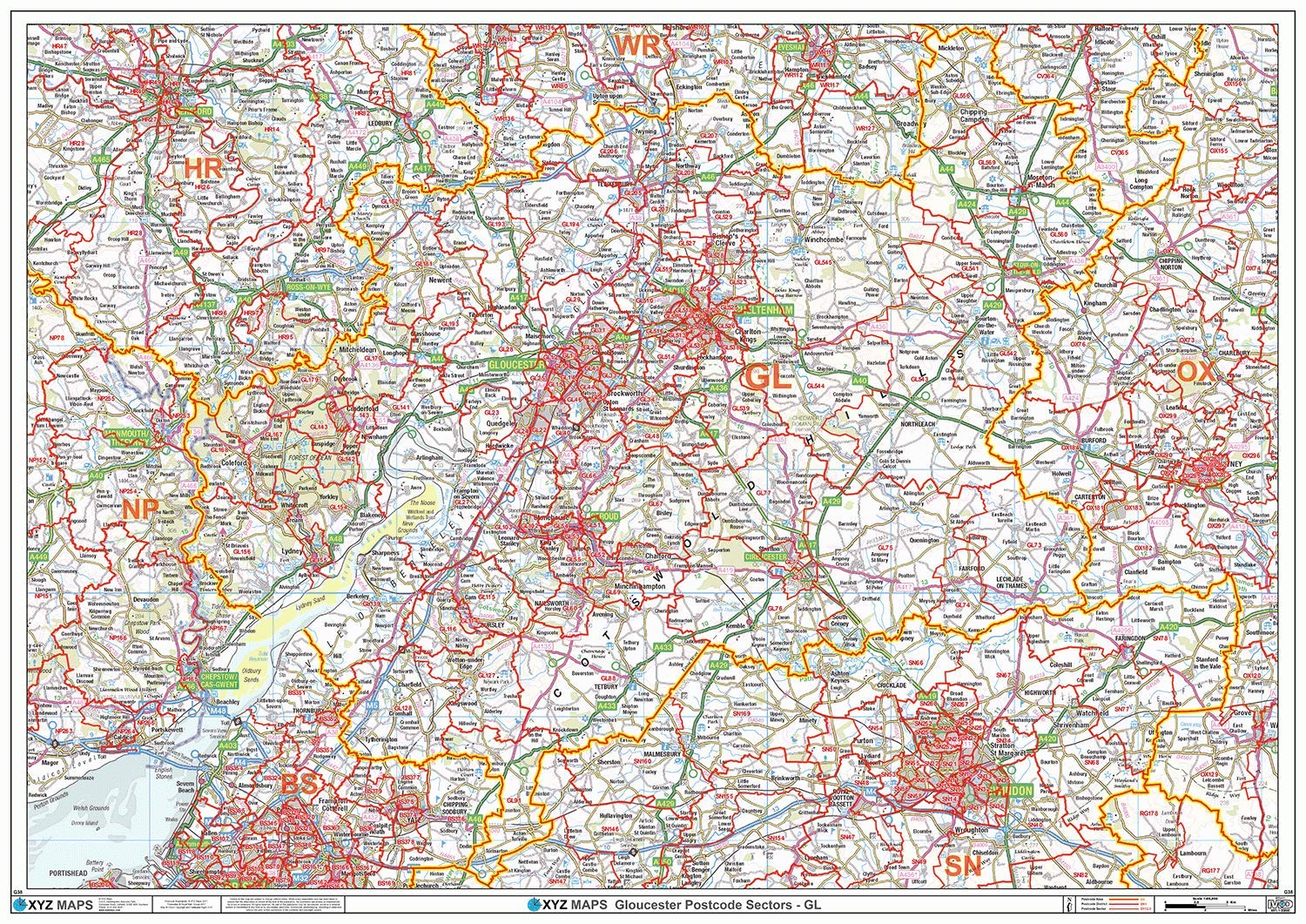 Gloucester - GL - Postcode Wall Map - Plastic Coated