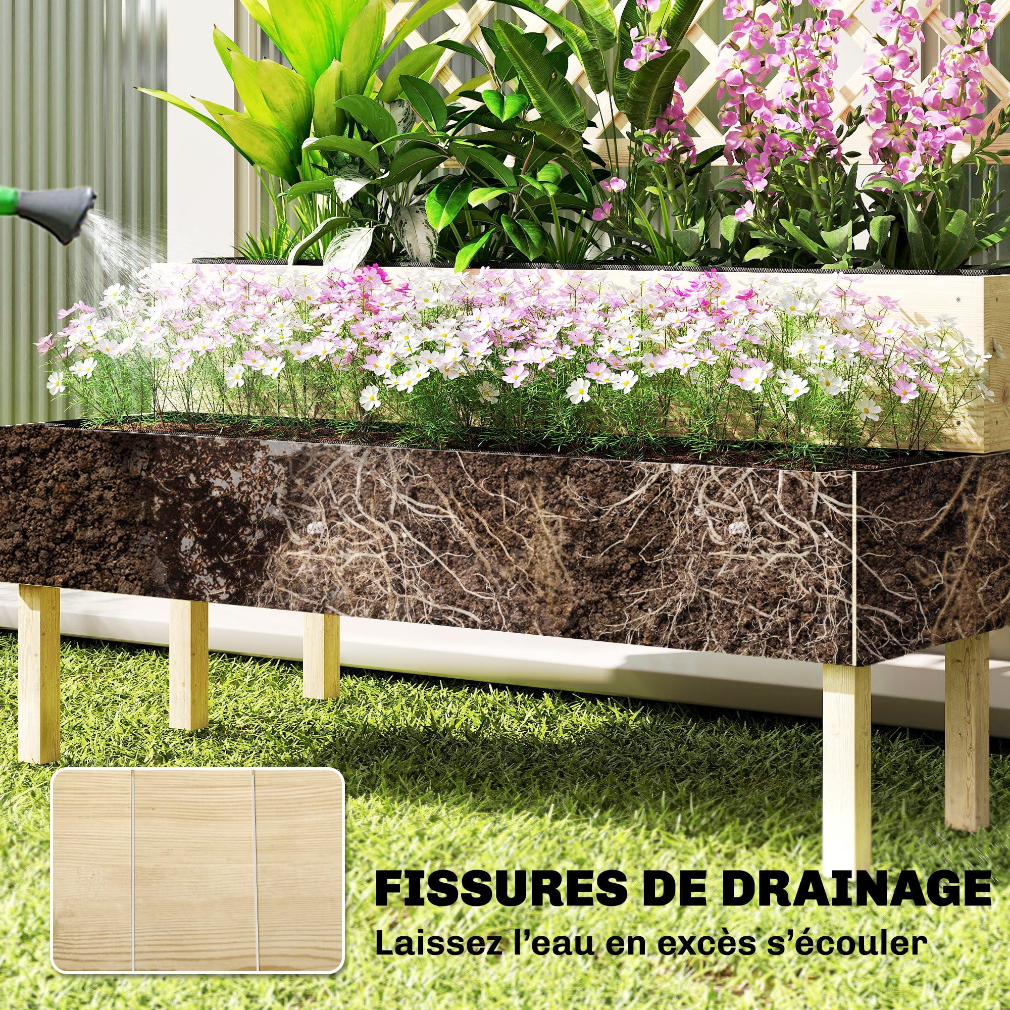 Outsunny Jardinière à 2 Niveaux avec Treillis, bac à Fleurs, lit surélevé avec Tissu Non tissé, pour Plantes grimpantes, légumes, Bois, intérieur et extérieur, 108 x 62 x 120 cm Effet Bois Naturelle