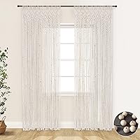 LINOROSA Boho Macrame Beaded Curtains 84 Inch Cream White - Bohemian Window Door Panels for Bedroom Living Room Decor