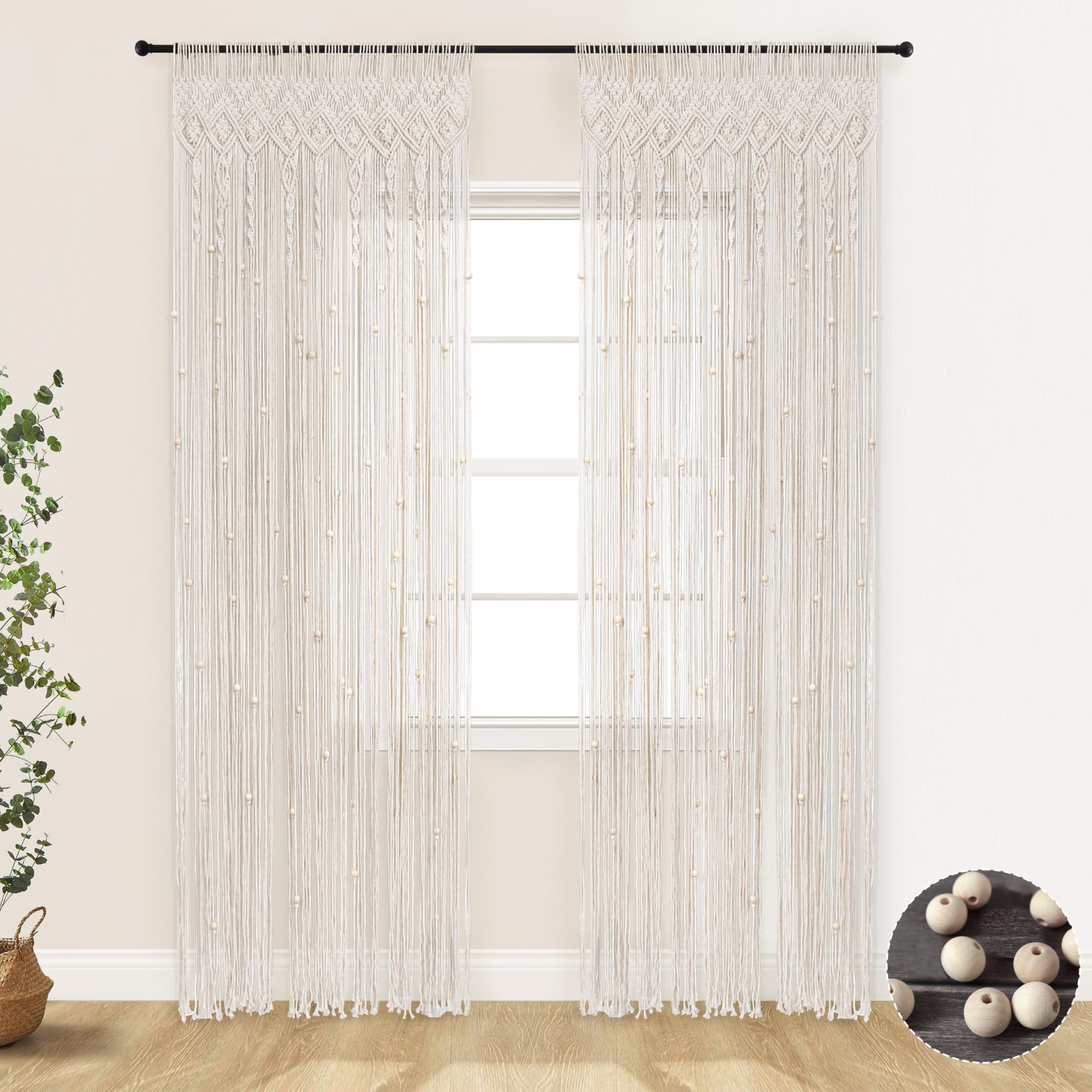 Boho Macrame Curtains for Windows,Beaded Bohemian Curtains for Bedroom Living Room Decor,84 Inches Long,Cream White