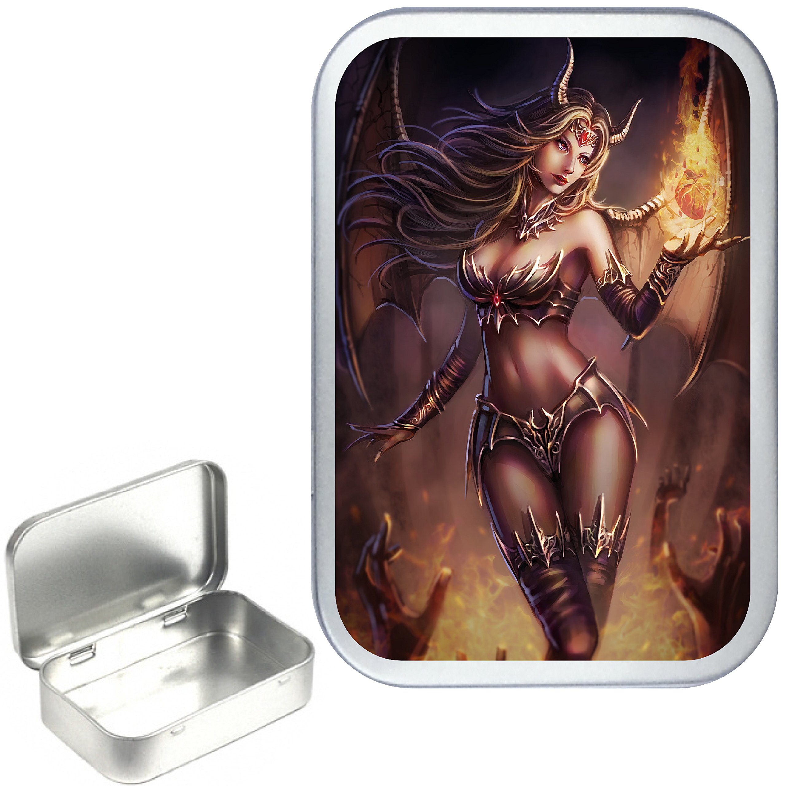 DEVIL WOMAN 50ml, 1oz SILVER HINGED TOBACCO TIN,PILL BOX,STORAGE TIN