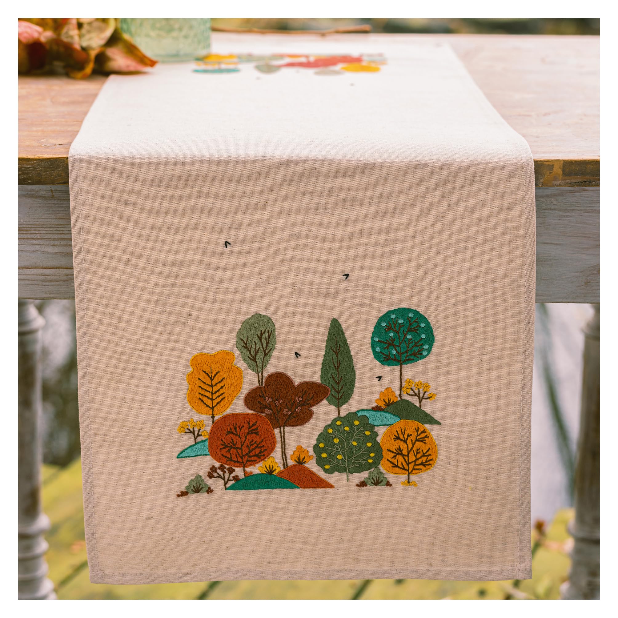 Vervaco Stickpackung Tischläufer Sticken Set Erwachsene Vorgedruckt Herbstwald Stickläufer zum Selbersticken Vorgezeichnet Decke Sticken Stickpackung Plattstich 35 x 95 cm Kreatives Geschenk