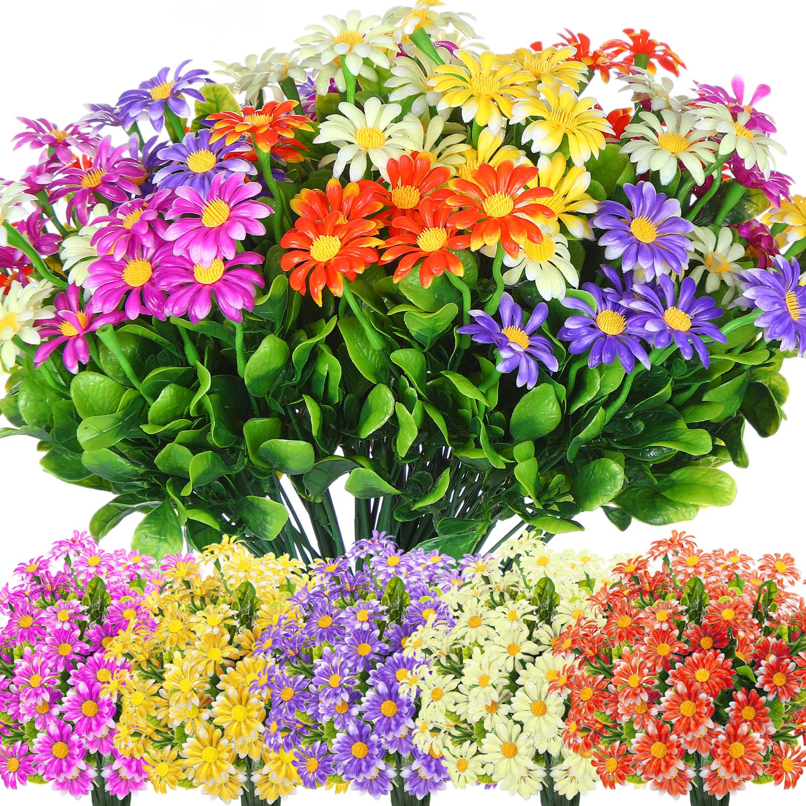 30 Bundles Daisies Artificial Flowers Fake Colorful Daisy Plant UV Resistant Faux Daisy Flowers Greenery Shrubs Plants Plastic Bushes for Cemetery Garden Farmhouse Indoor Outdoor Decor, 5 Colors