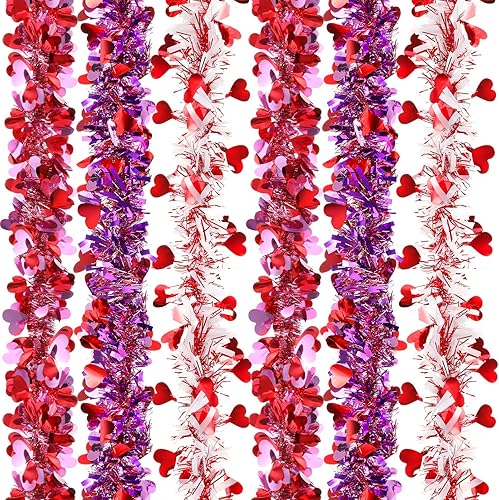 Guirnalda de oropel para el día de San Valentín de 78.75 pies con adorno de corazón, color rojo brillante, morado, blanco, corazón, decoración