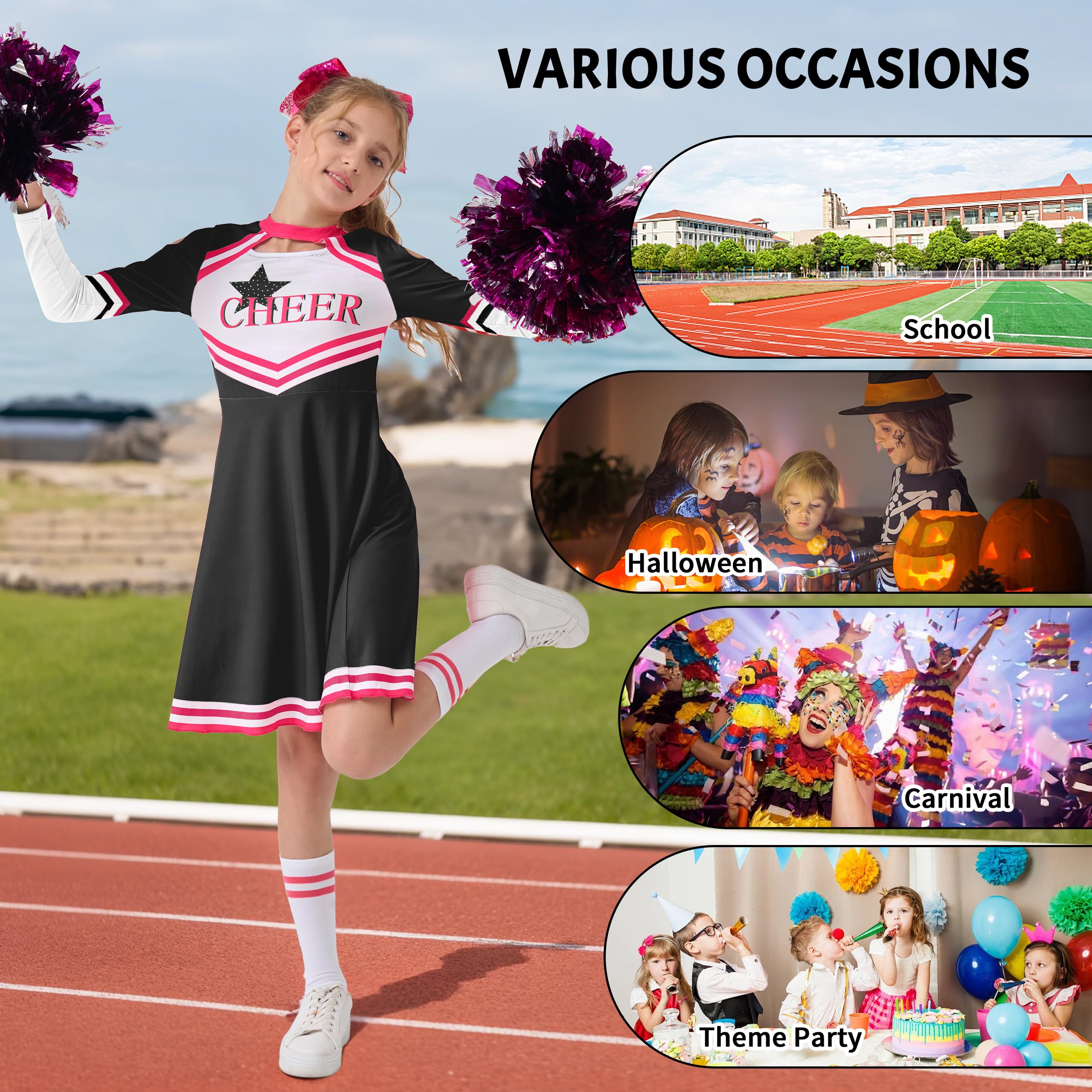 LOLANTA Costume da Cheerleader per Bambini, Vestito da Cheerleader a Maniche Lunghe per Ragazze con Pompon e Calzini, Carnevale o Evento Sportivo