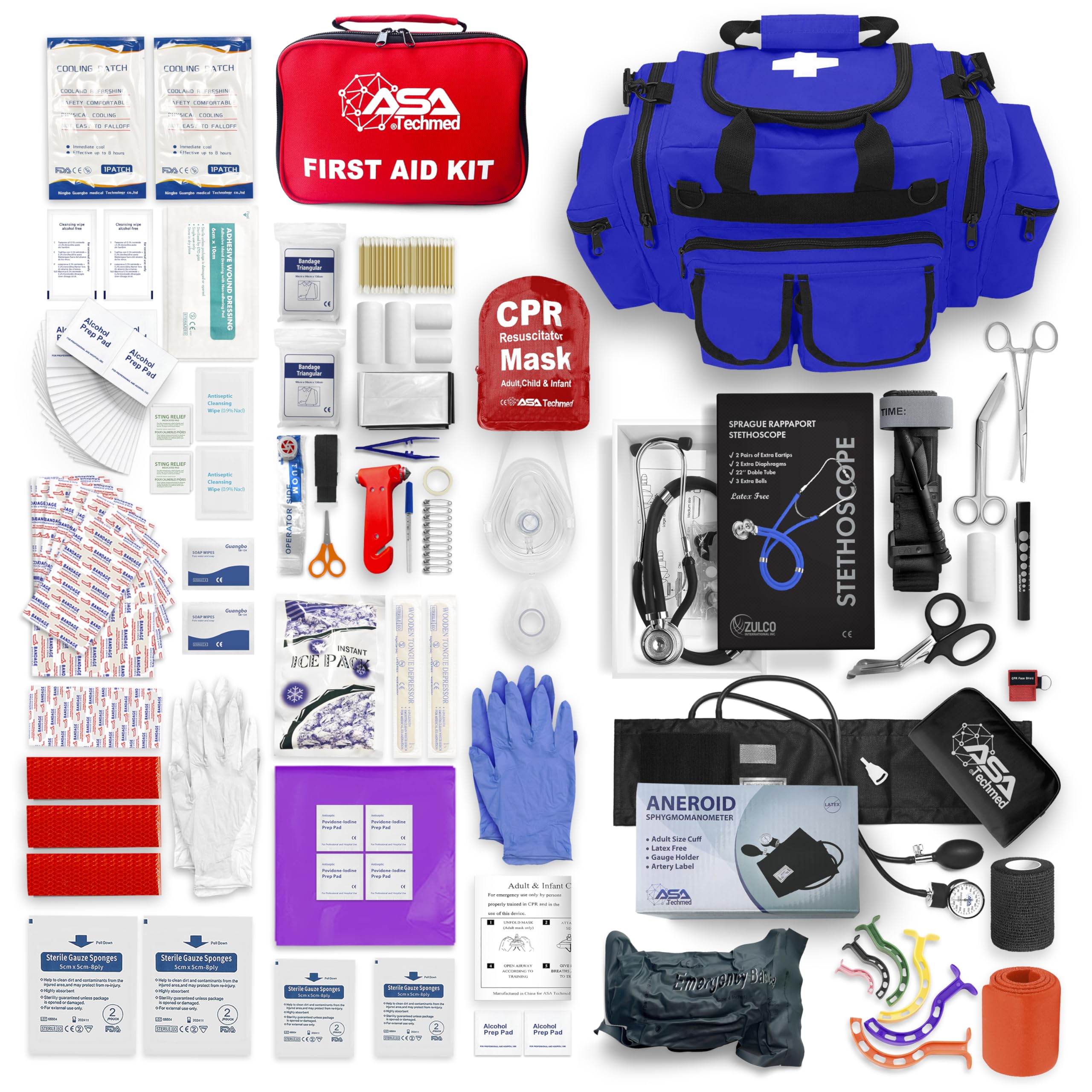 ASA Techmed Emergency Medical Trauma Kit – Fully Stocked First Aid Trauma Kit with 263 Supplies for Hunting, Camping, EMTs, Paramedics, Firefighting, Hiking, Outdoors (Blue)