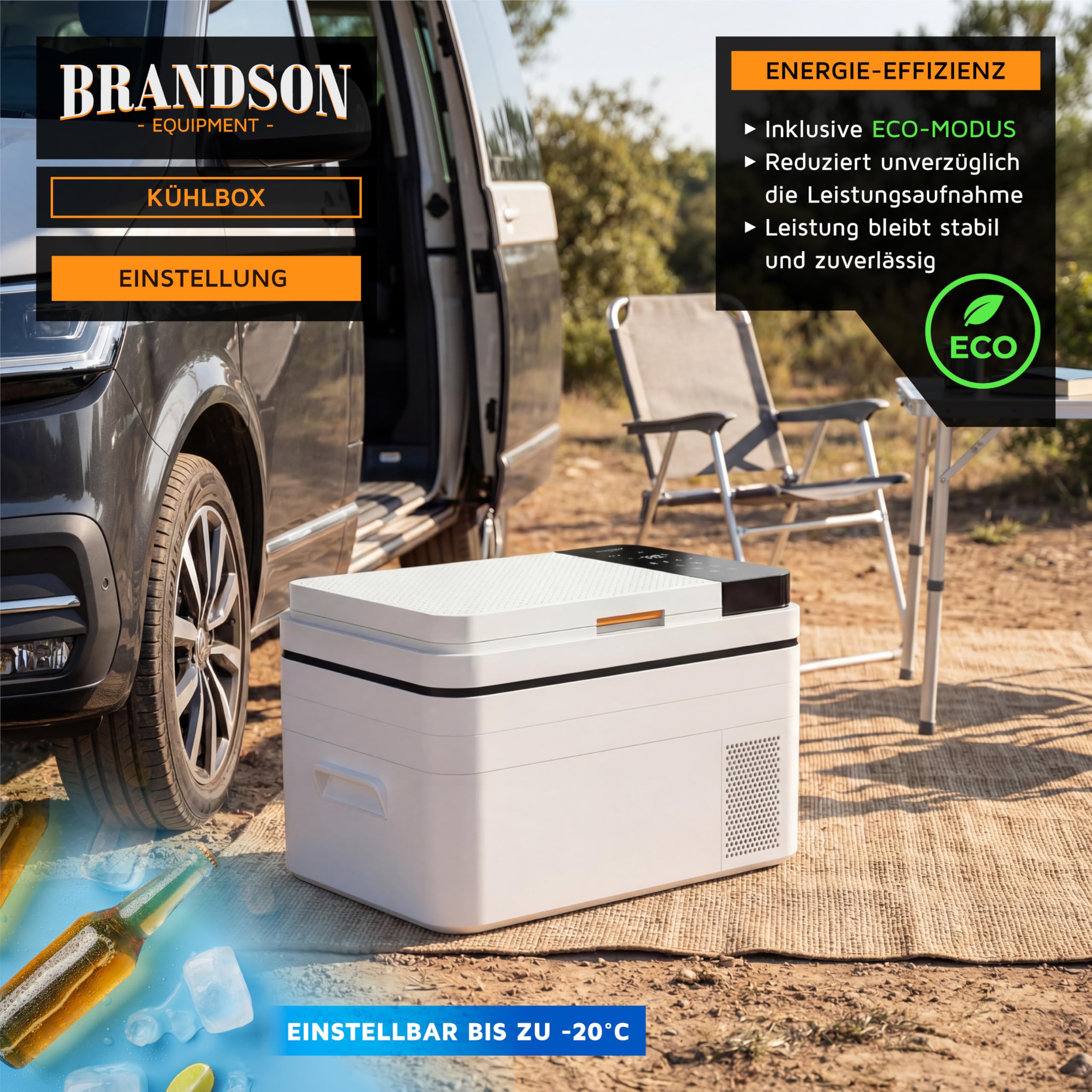 Brandson - Kühlbox elektrisch mit Kompressor – 30 Liter – App Steuerung Bluetooth Tuya Smart – Autokühlbox - 230 V und 12/24 V Gefrierbox Gefriertuhe bis -20°C – ECO Modus – Auto Camper LKW