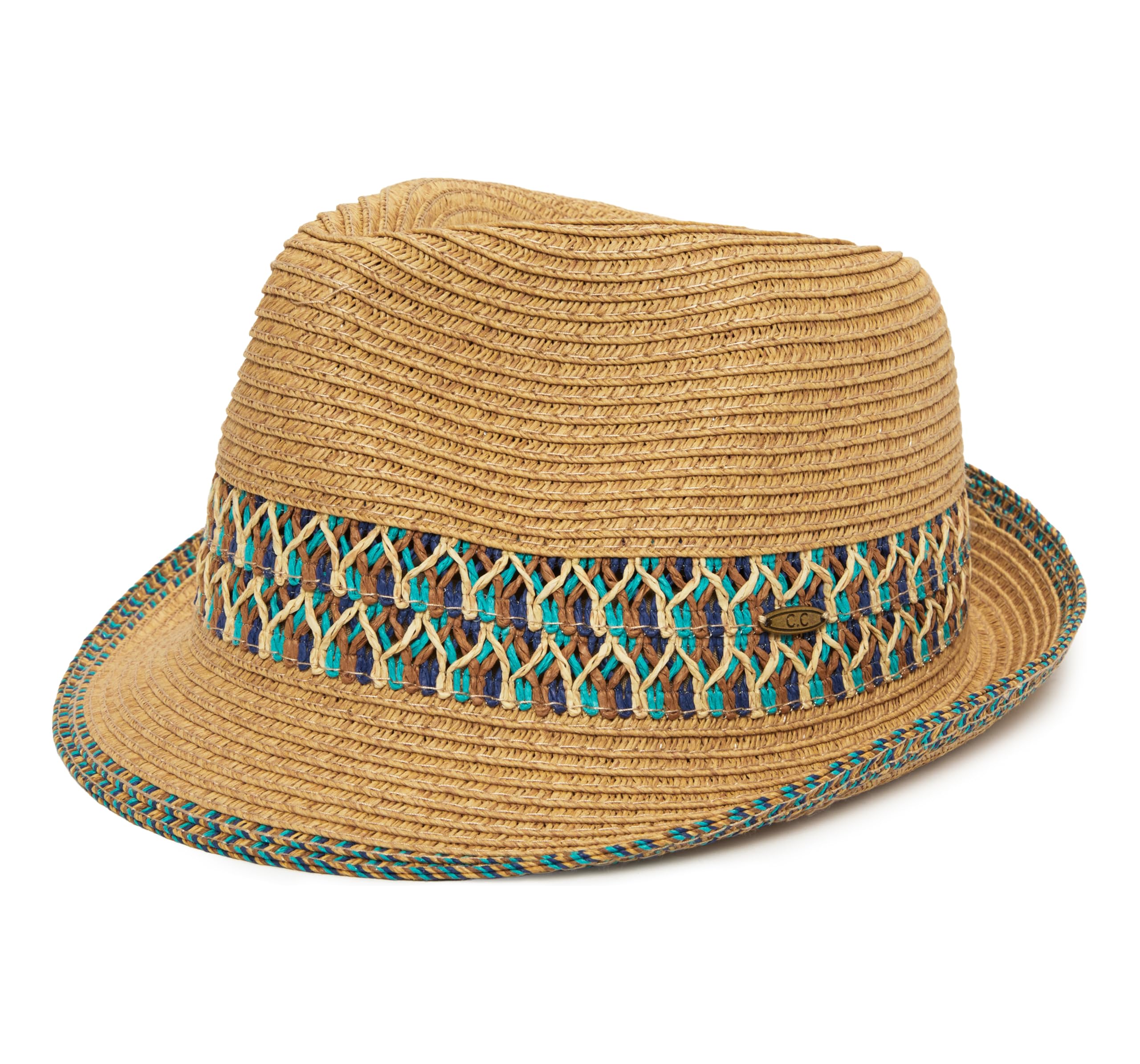 Funky Junque Women's Straw Fedora Sun Hat - UPF 50+ Protection, Short Brim, Stylish Woven Pattern