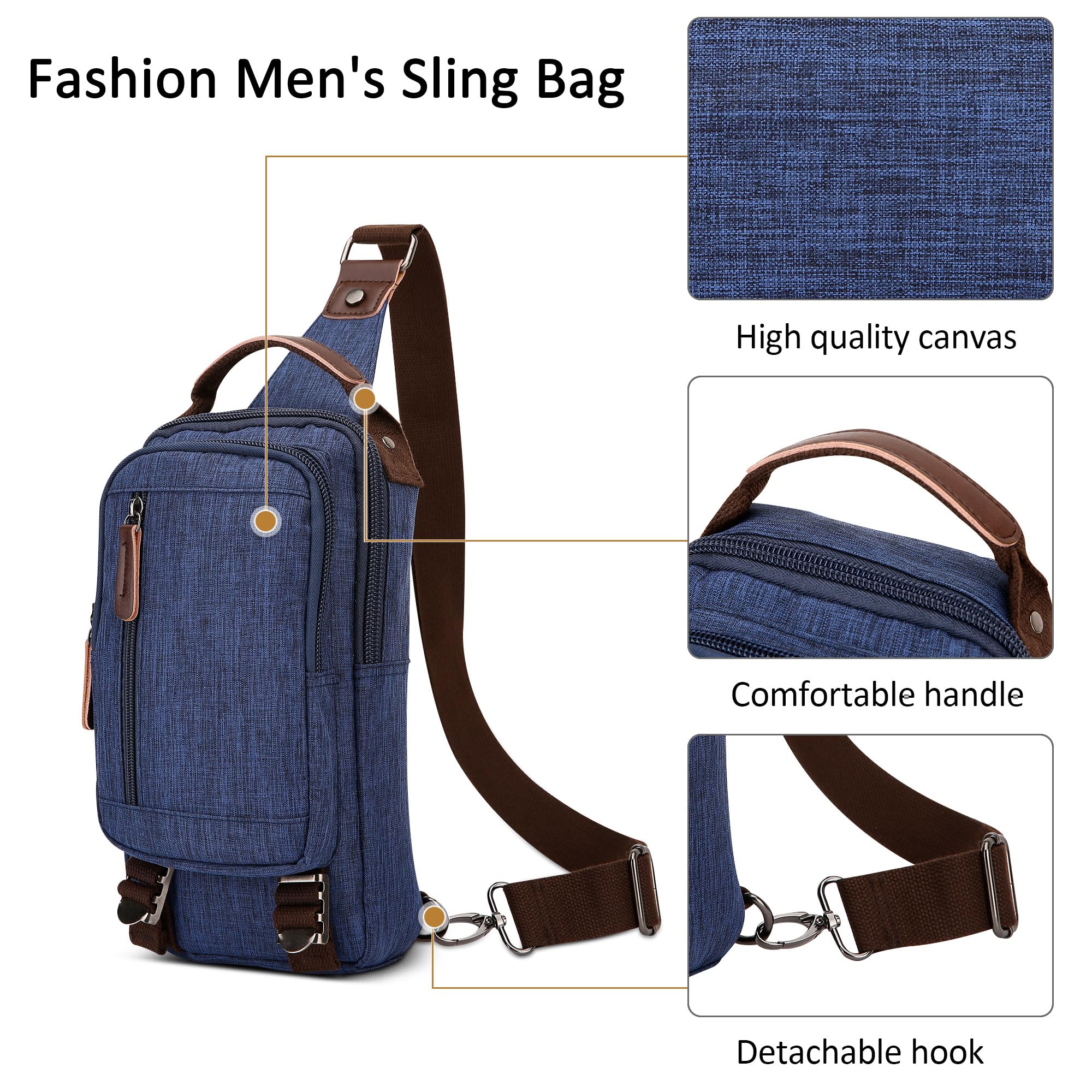 Leggero Uomo Borsa sul Petto Moda Casuale Zaino Monospalla per 7.9 Pollici iPad con Manico Sling Bag per Viaggio Quotidiano Shopping Uomo Tela Borsa a Tracolla Blu