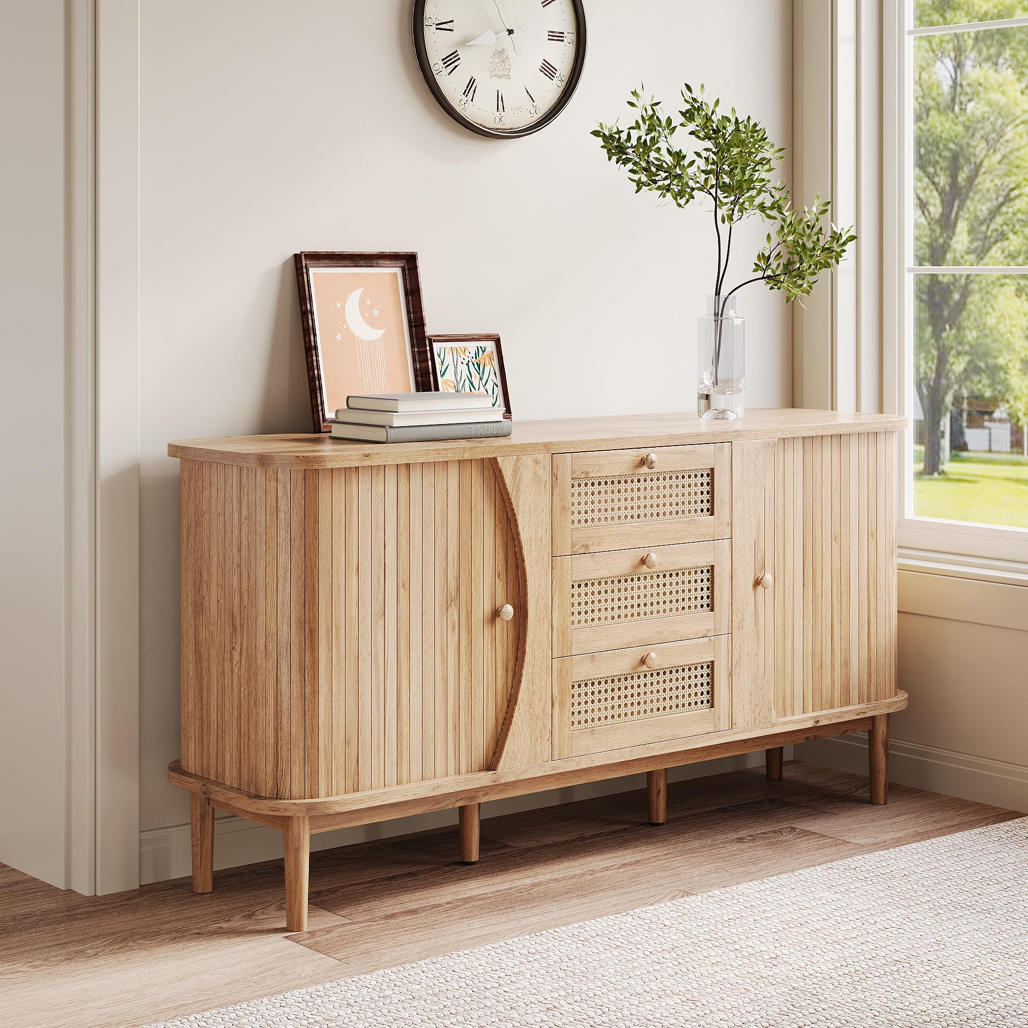 Credenza con 3 cassetti in rattan e ante scorrevoli, ripiani regolabili in altezza e angoli arrotondati, cassettiera per soggiorno, camera da letto e corridoio, grande spazio di archiviazione