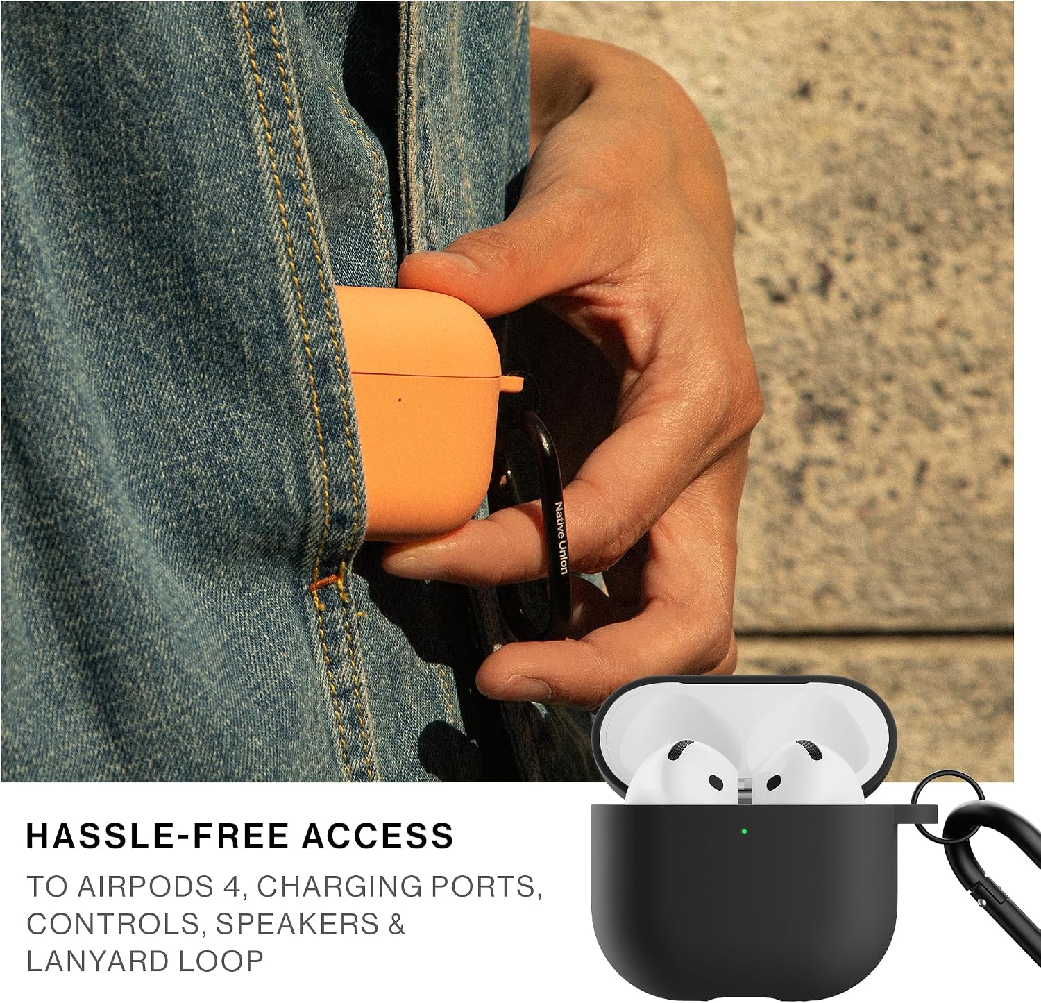Native Union Active Case for AirPods 4 & AirPods 4 with Active Noise Cancellation – Silky Smooth Matte Silicone Case with Clip to Attach Anywhere (Black)