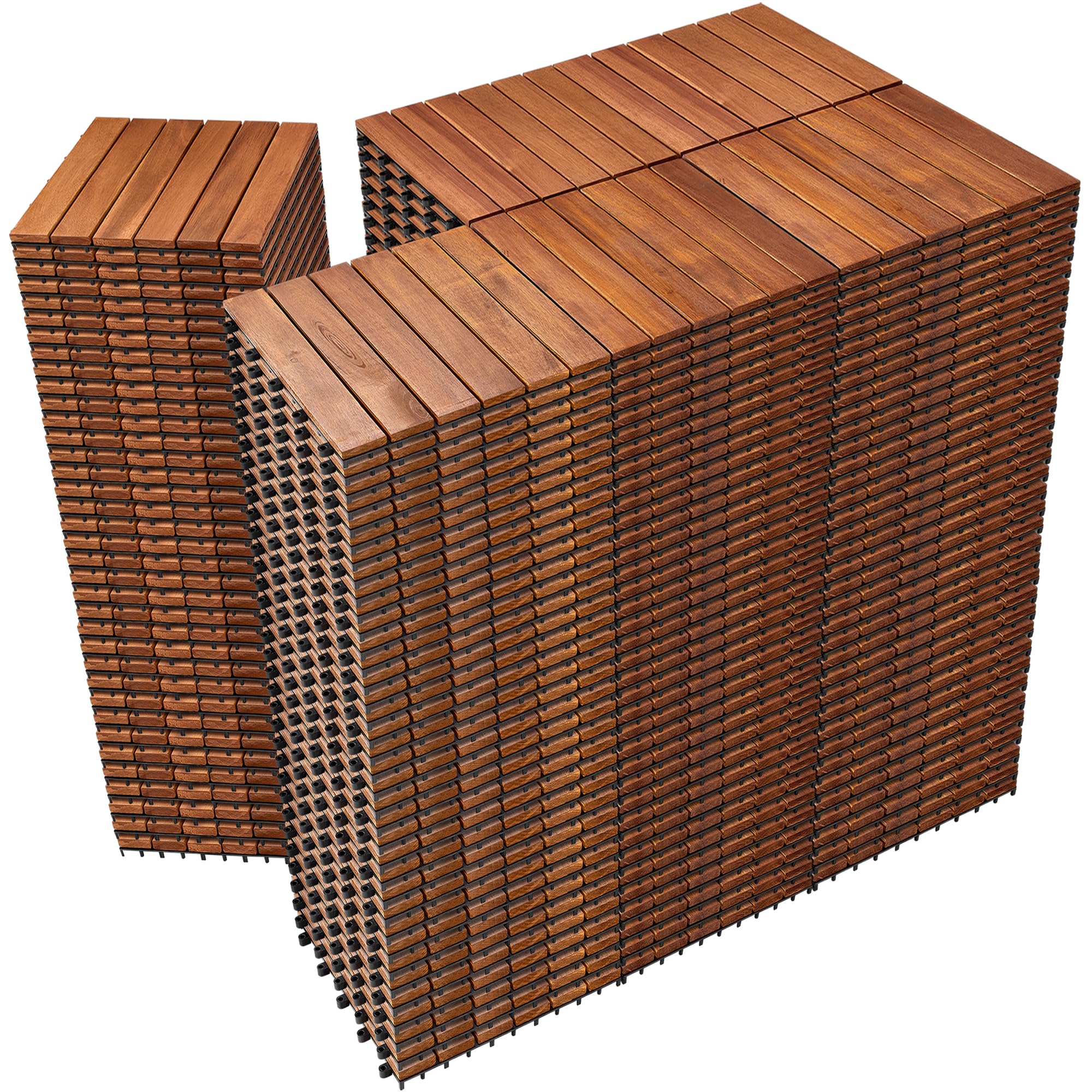 PrimeZone 216 PCS Solid Acacia Wood Interlocking Deck Tiles - 12" x 12" Waterproof Indoor Outdoor Patio Flooring Decking Tiles for Balcony, Backyard &
