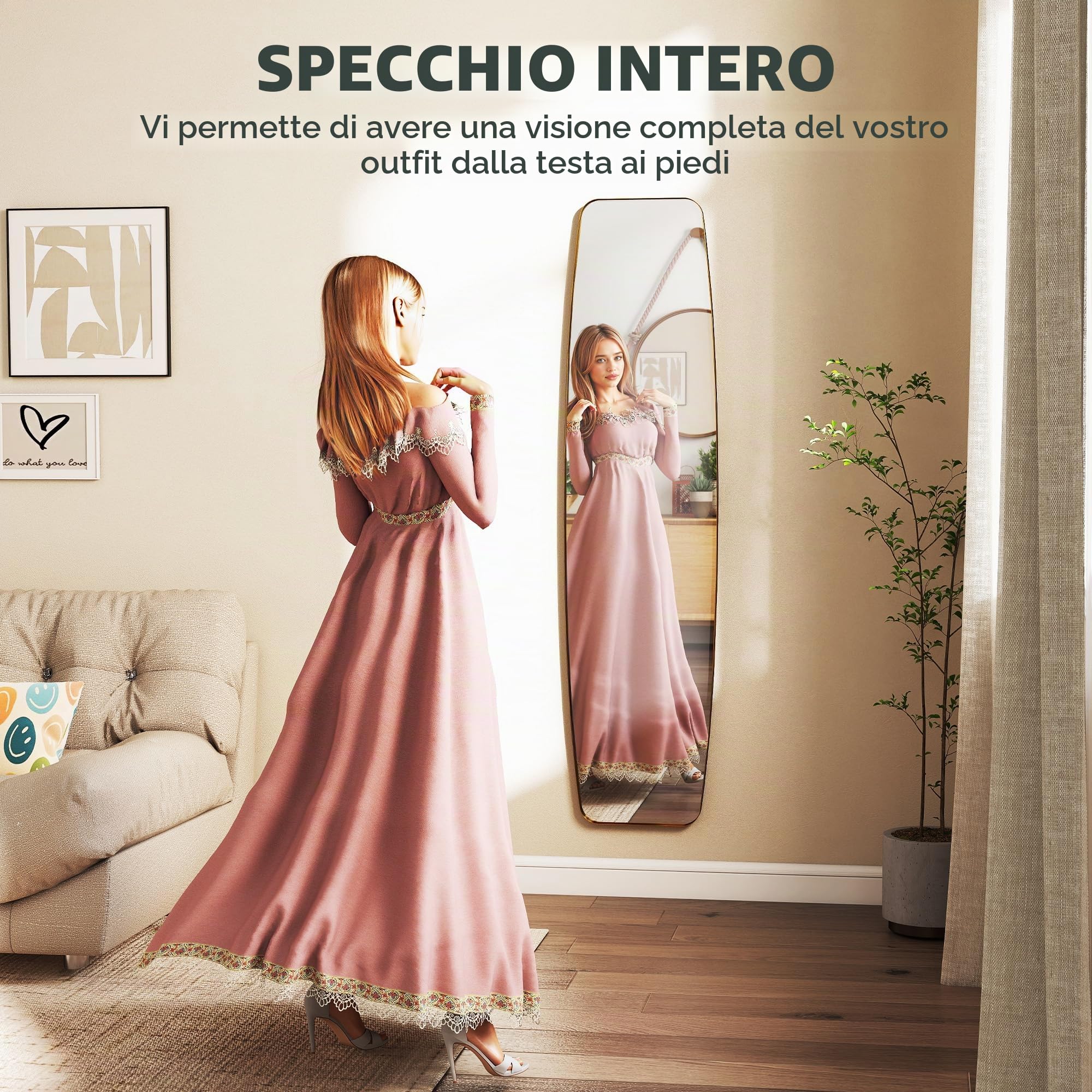 HOMCOM Specchio da parete, 160 x 40 cm, con angoli arrotondati, finestra con cornice in metallo, decorazione per corridoio, camera da letto, soggiorno, oro