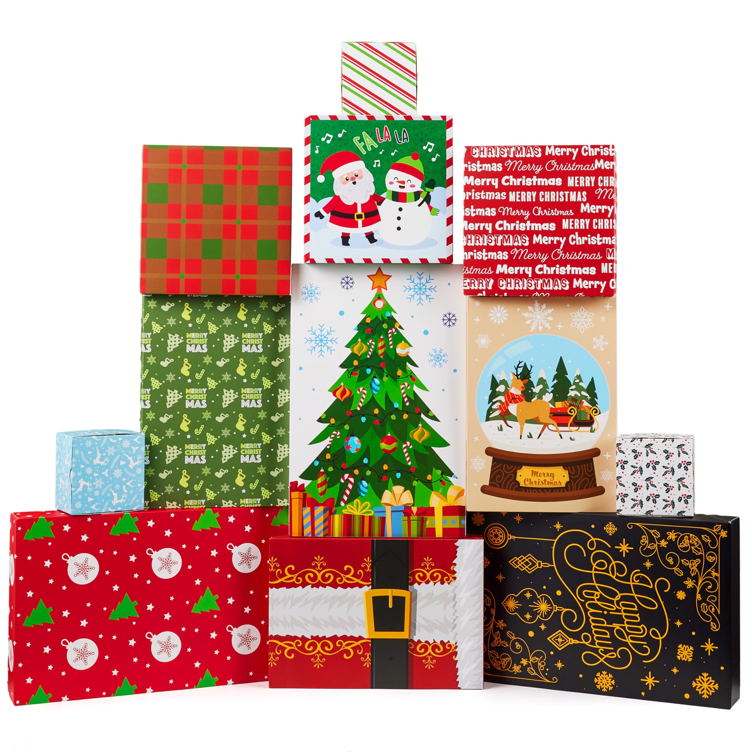 JOYIN 12 Stück Weihnachts-Geschenkboxen mit Deckel für Geschenke, große Robe, Pappschachteln, Weihnachtsmotiv, dekorative Box für Kleidung, Geburtstag, Urlaub, Hochzeit, Geschenkverpackung, Dekoration