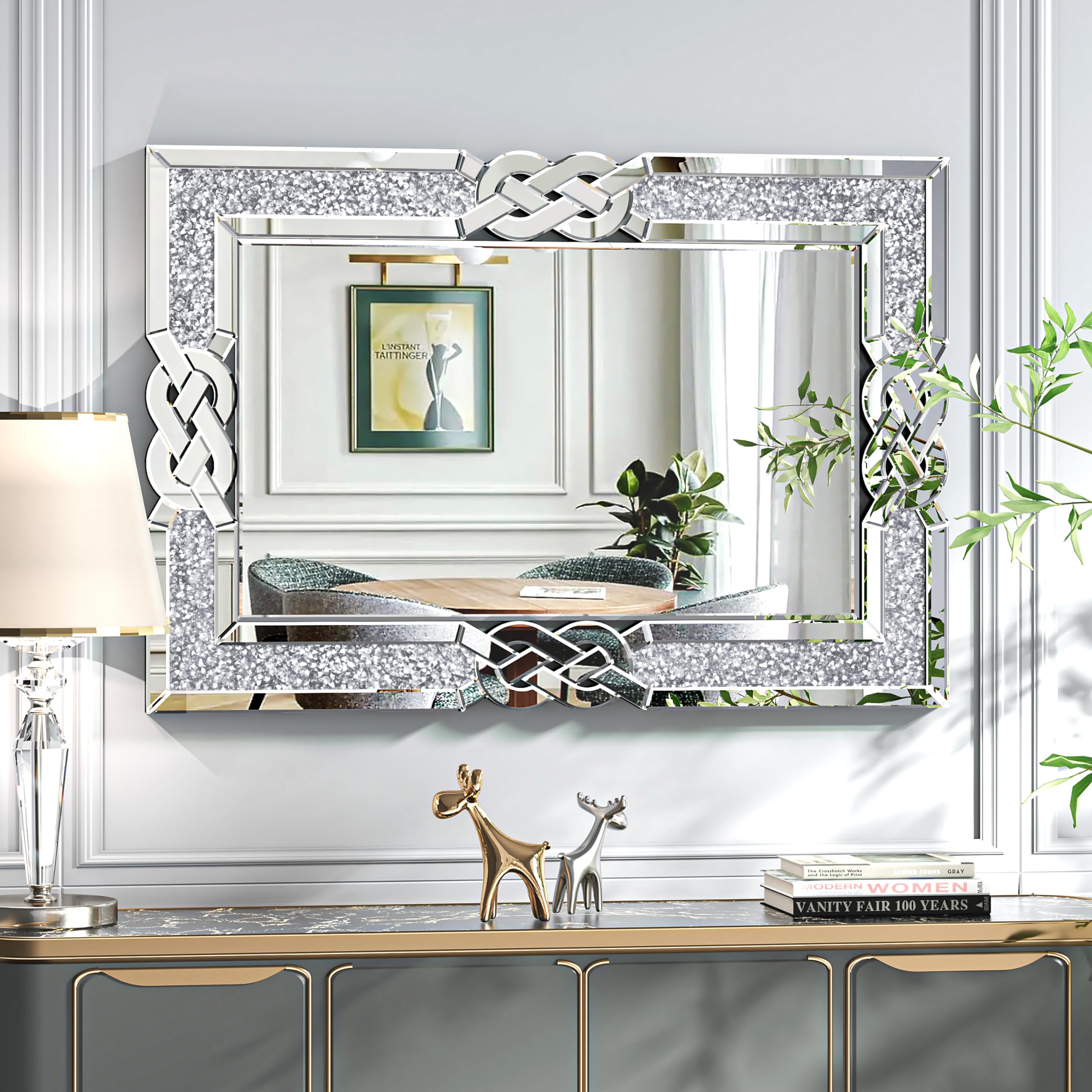 ENENE Crystal Mirror for Wall Decor 36''x24'' Crush Diamond Silver Mirrors for Wall Rectangle Decorative Mirrors for Living Room Bathroom Bedroom Entryway Dining Room Wall