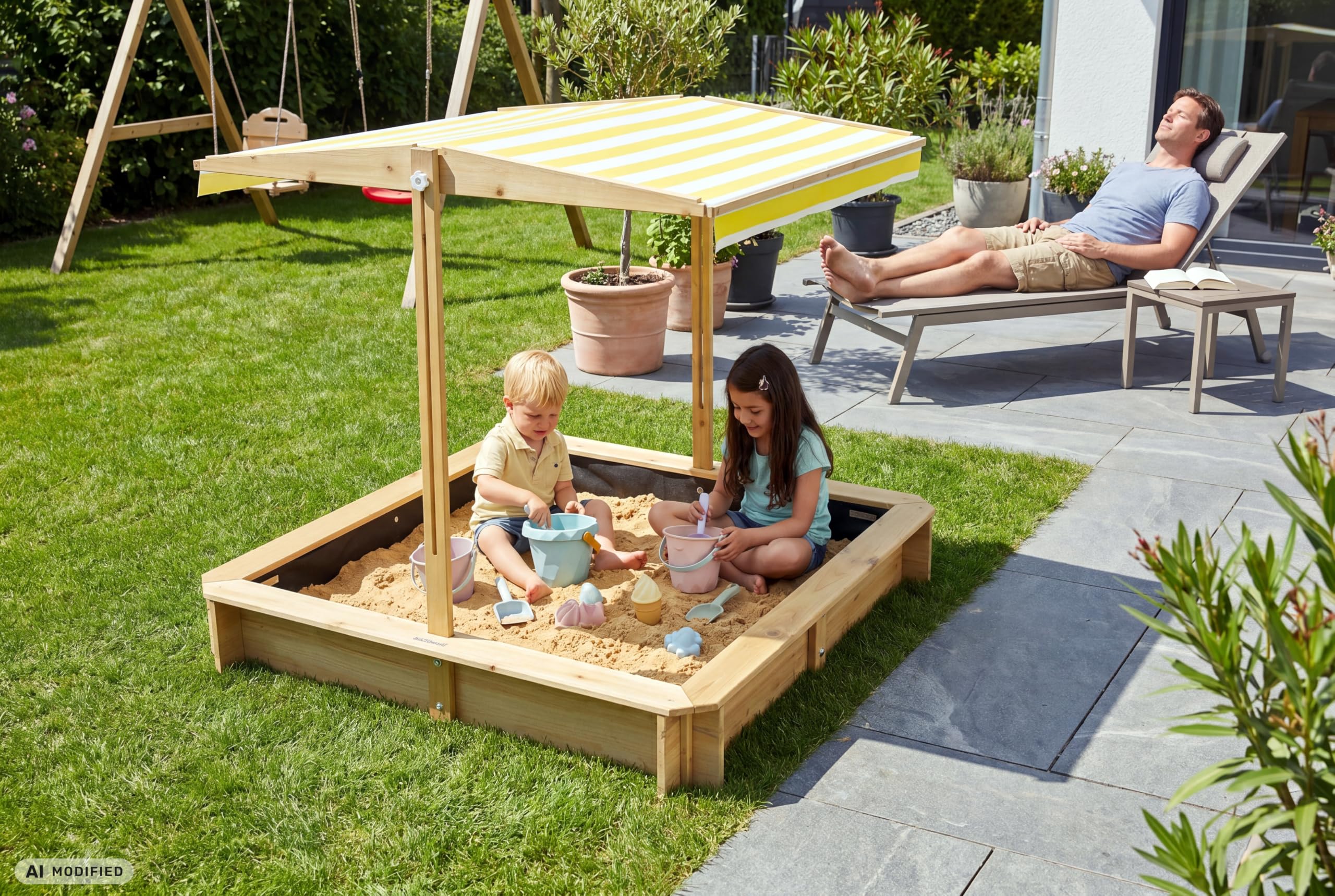 needs&wants® Bac à Sable en Bois avec Couvercle Plastique Oxford 600D pour Enfants, avec Toit refermable, siège, Sol, carré, UV-Protection, rectangulaire extérieur, pour Jardin et Jeux, Jaune Blanc