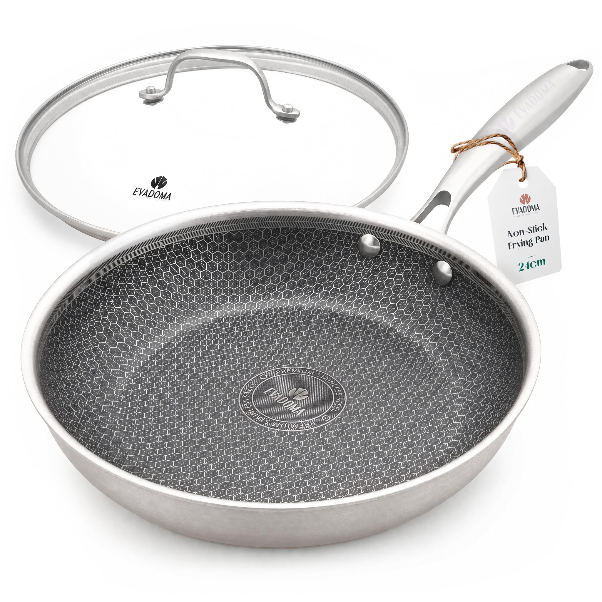 Sartén Antiadherente 24 cm con Tapa de Cristal | para Tortilla de Patatas, Huevos y Crepes | Apta para Todas las Cocinas y Horno | Acero Inoxidable Panal de Abeja | Sin PFOA