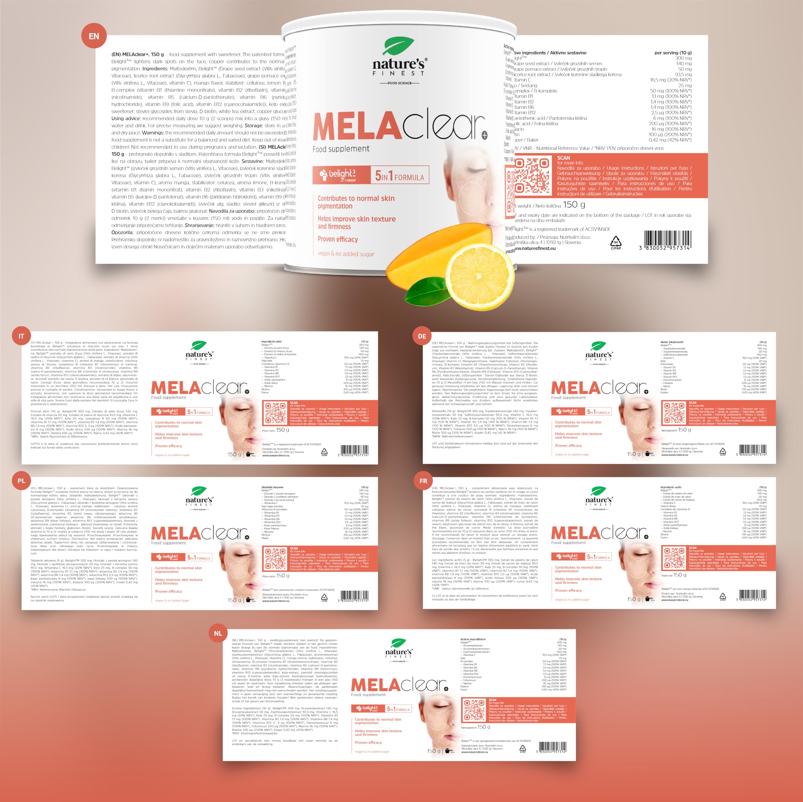 Nature's Finest MELAclear+, Trinkpulver 150 g | Mit Belight (Traubenkern & Süßholz), Kupfer, Weißtee & B-Komplex - Mango-Zitrone-Geschmack, vegan