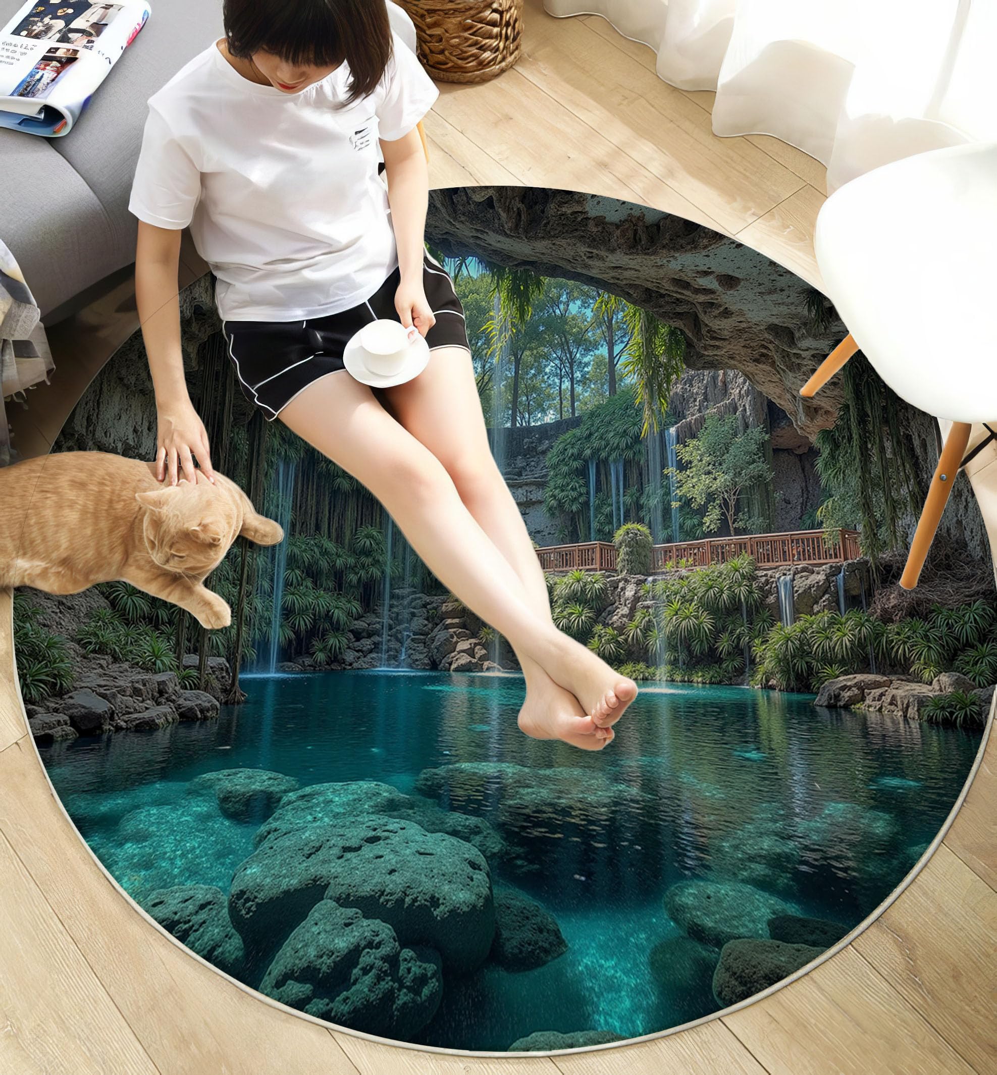 Tapis rond salon 160cm en flanelle style nature tropicale cyan