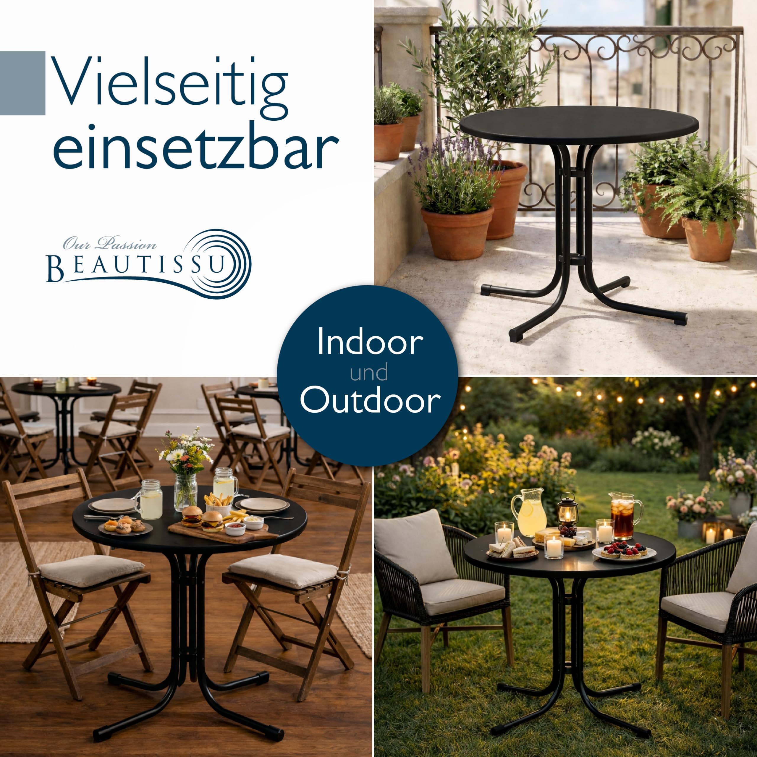 Beautissu Bistrotisch Outdoor Rund Ø 80 cm Wasserfest – Beistelltisch Balkontisch Wetterfest Gartentisch Rund Klappbar 70 cm hoch – Campingtisch Partytisch Esstisch Gastro – Schwarz Bistroni