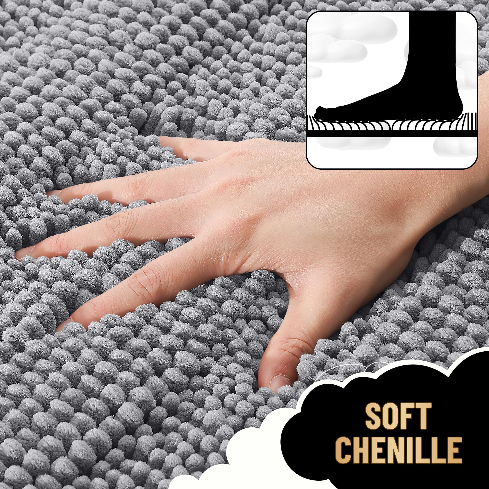Condition photo showing New/Like New for olanly thick bathroom rugs 59x24, extra soft absorbent chenille striped bath rugs, rubber backing, machine wash dry, bath mats for bathroom floor, tub and shower, home decor accessories, grey