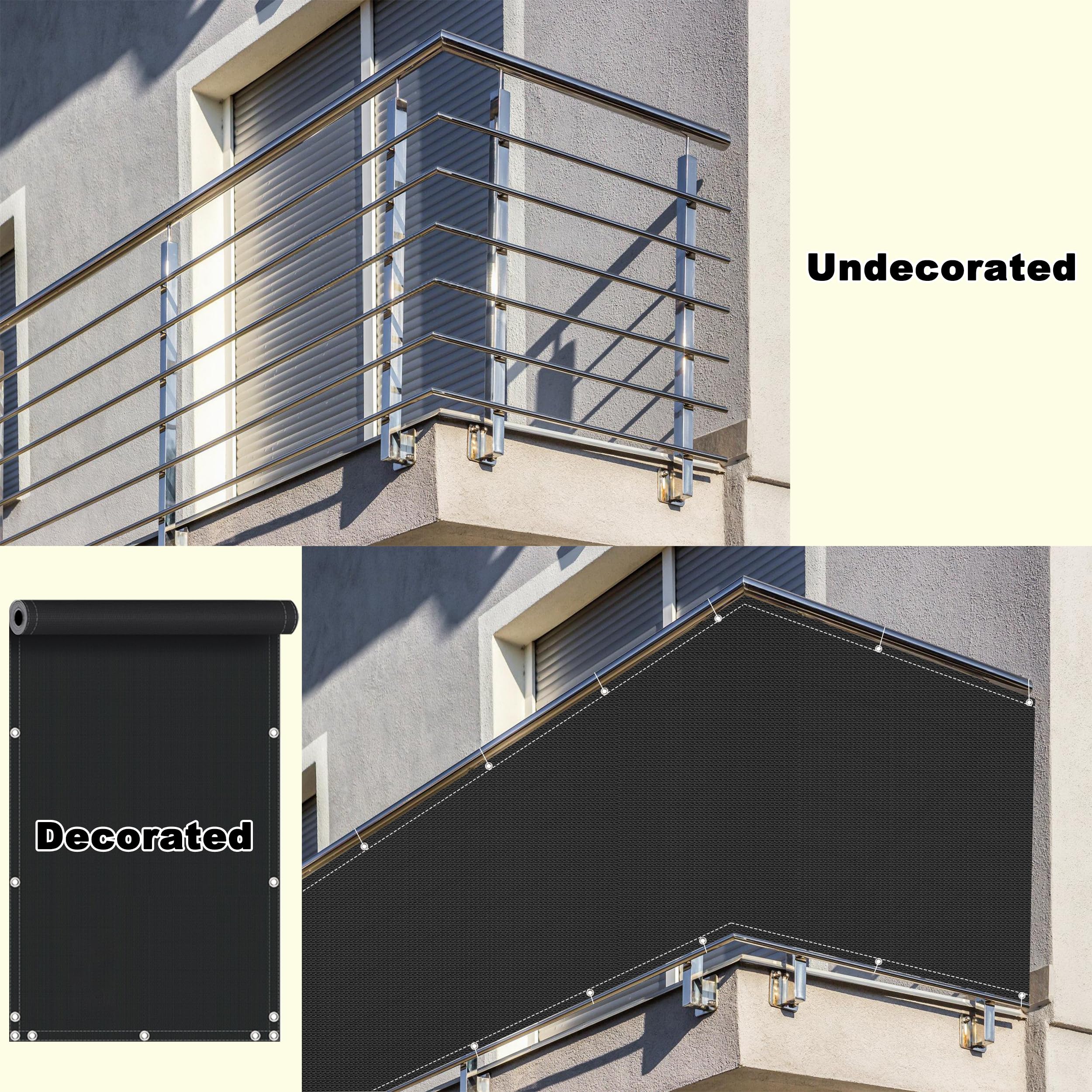 Schwarze UV-Netzabdeckung, 110 x 850 cm, strapazierfähiges 165 g/m² HDPE-Gewebe mit Ösen, Nylon-Kabelbinder und Kordel, ideales Balkonnetz für Zaun oder Geländer