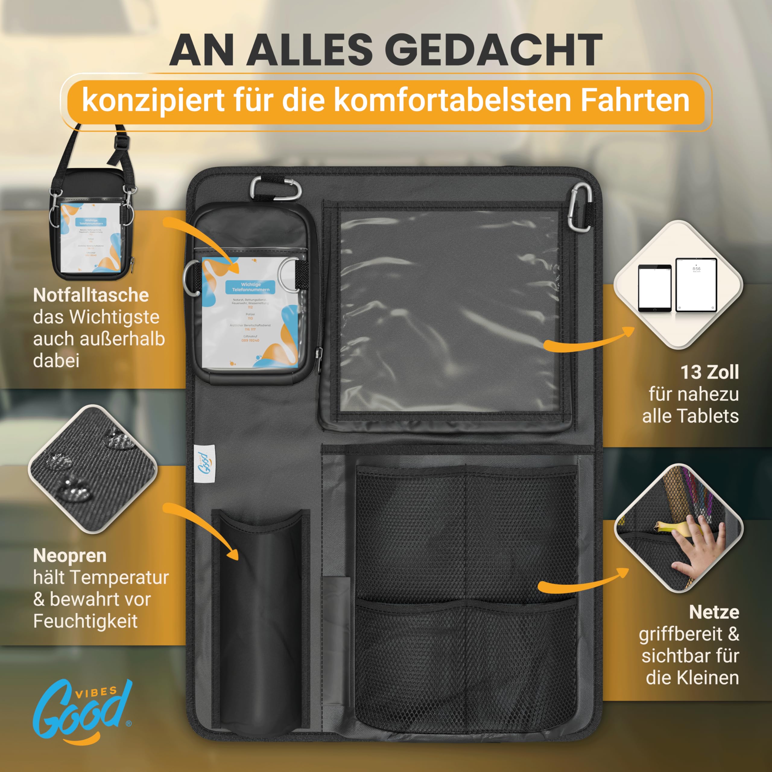 Good VIBES® 2 organizer per seggiolini auto per bambini, 45 x 60 cm, per tablet, borraccia, giocattoli e altro ancora, organizer regolabile per sedili posteriori per bambini con cintura extra lunga