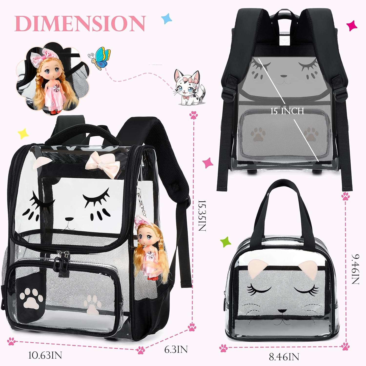 AO ALI VICTORY clear backpack Girls with Tote Bag Heavy Duty PVC Transparent Cute Backpack for Kids Toddler Preschool Bookbags Elementary School Bags See Through Casual Travel Daypack, Balck Set - Image 6