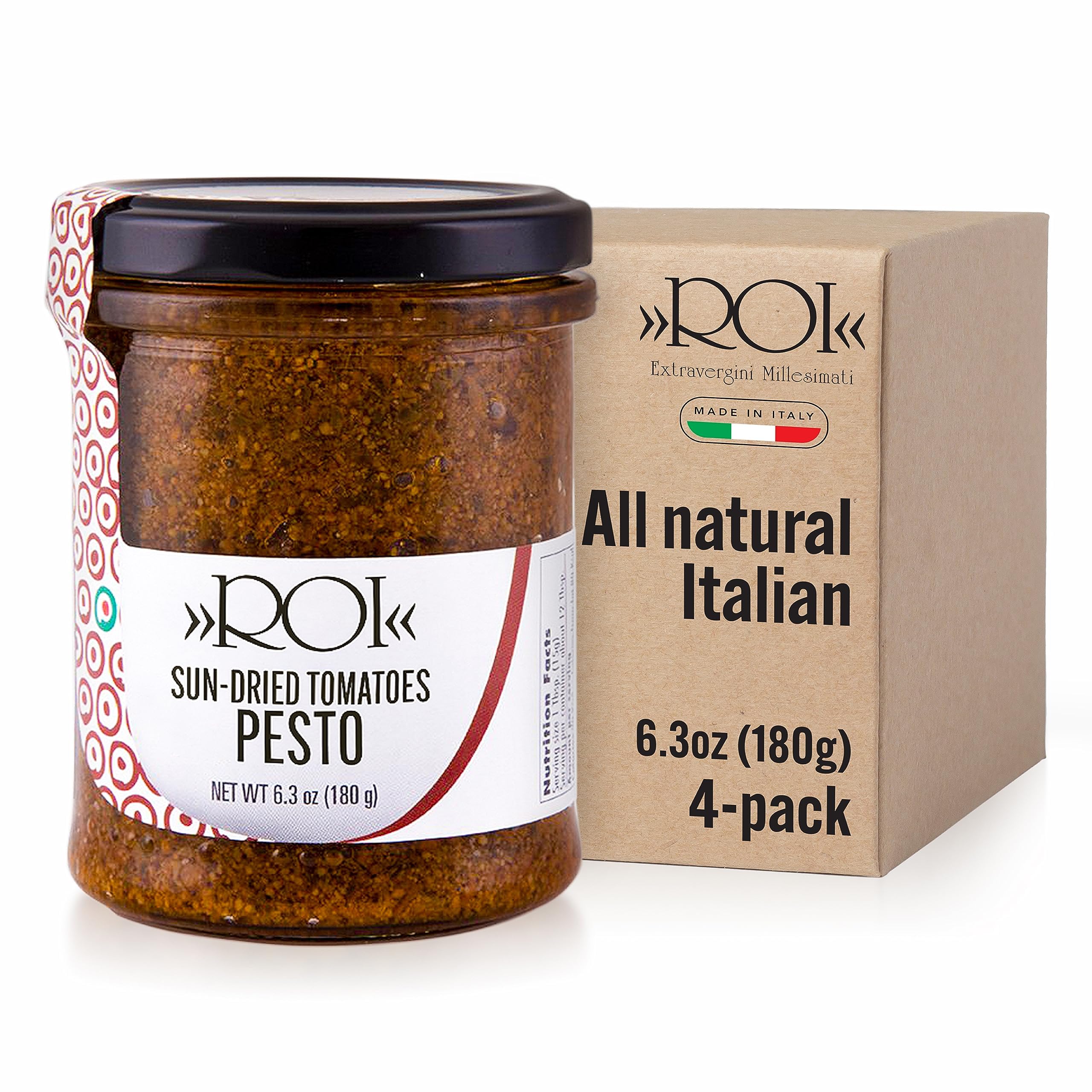 ROI Red Pesto - Sundried Tomato Pesto Sauce Made With Sundried Tomatoes, Genovese DOP Basil, and EVOO, Gluten-Free, Keto-Friendly Fresh Ligurian Sauce, Non-GMO, Made In Italy 6.3 oz (180 g) - Pack 4
