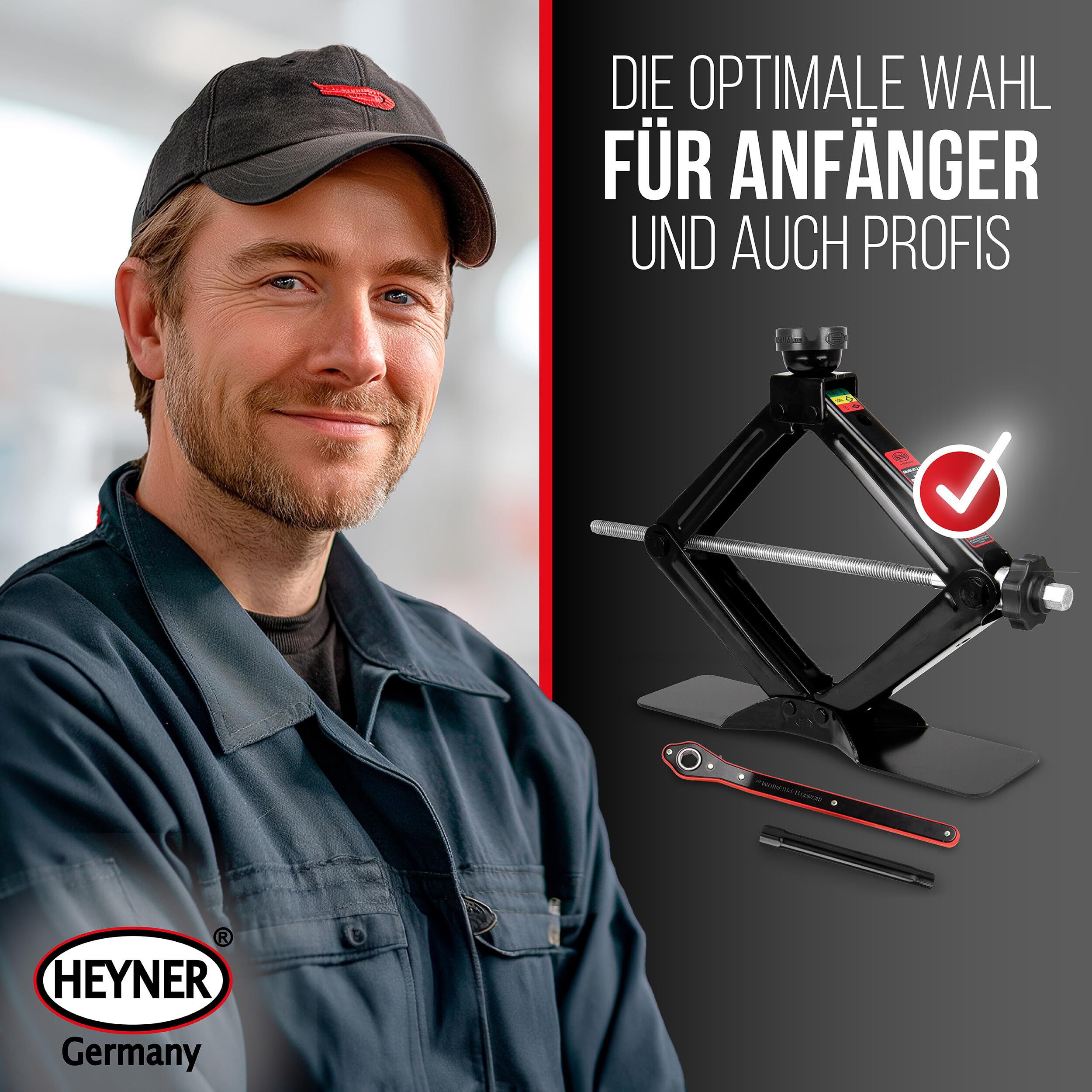 HEYNER® Scherenwagenheber 2 t für VW Transporter T6 (2015, FL 2019) – runder Sattel, 360° Gummiauflage mit Schlitz, Hub 125–470 mm, 17 mm Ratsche & Drehknauf, Standfuß 30×8 cm, bis −50 °C