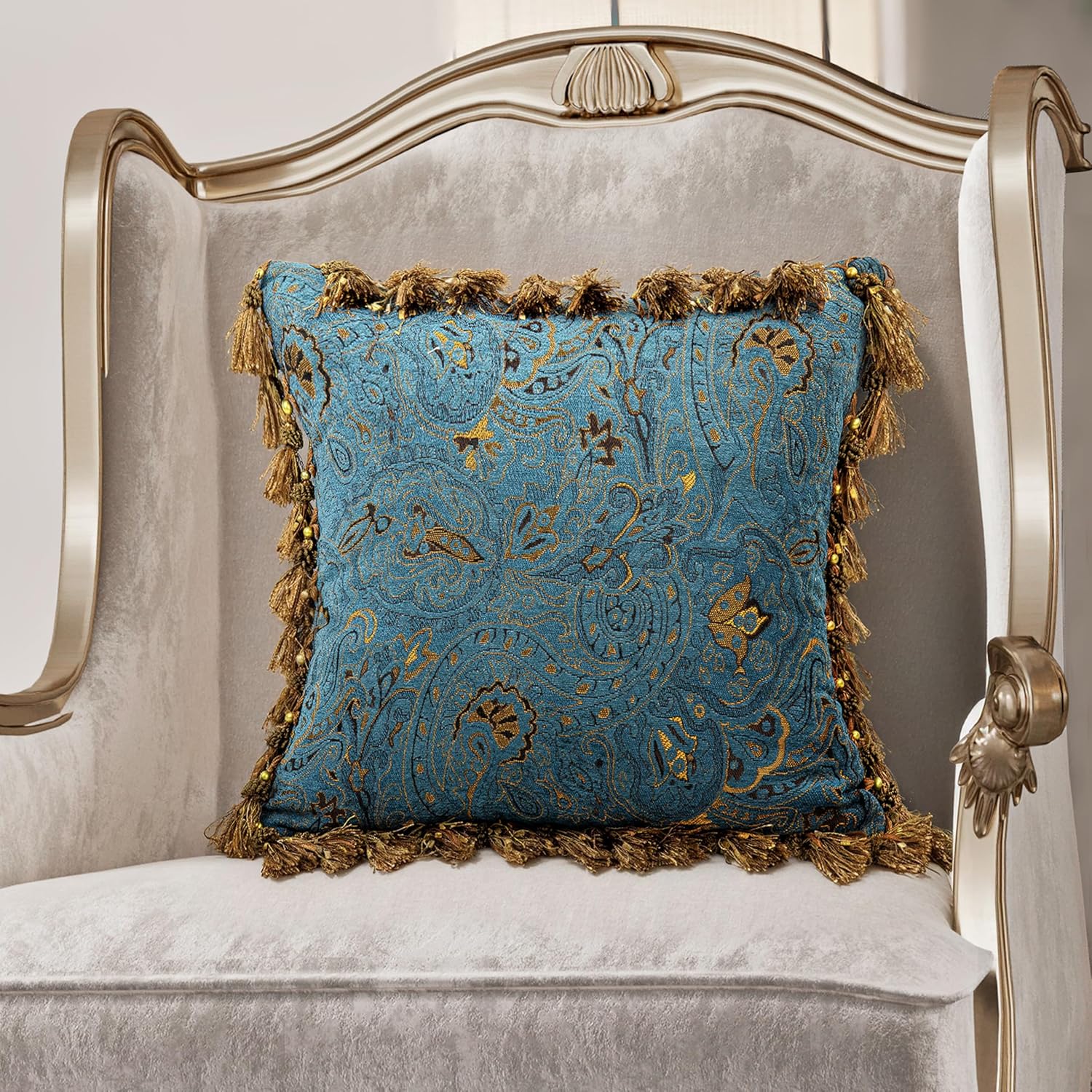 Embroidered Euro Pillows with Inserts Included for Couch and Bed, Decorative Throw Pillows with Flower Patterned for Living Room (1, Blue, Square)