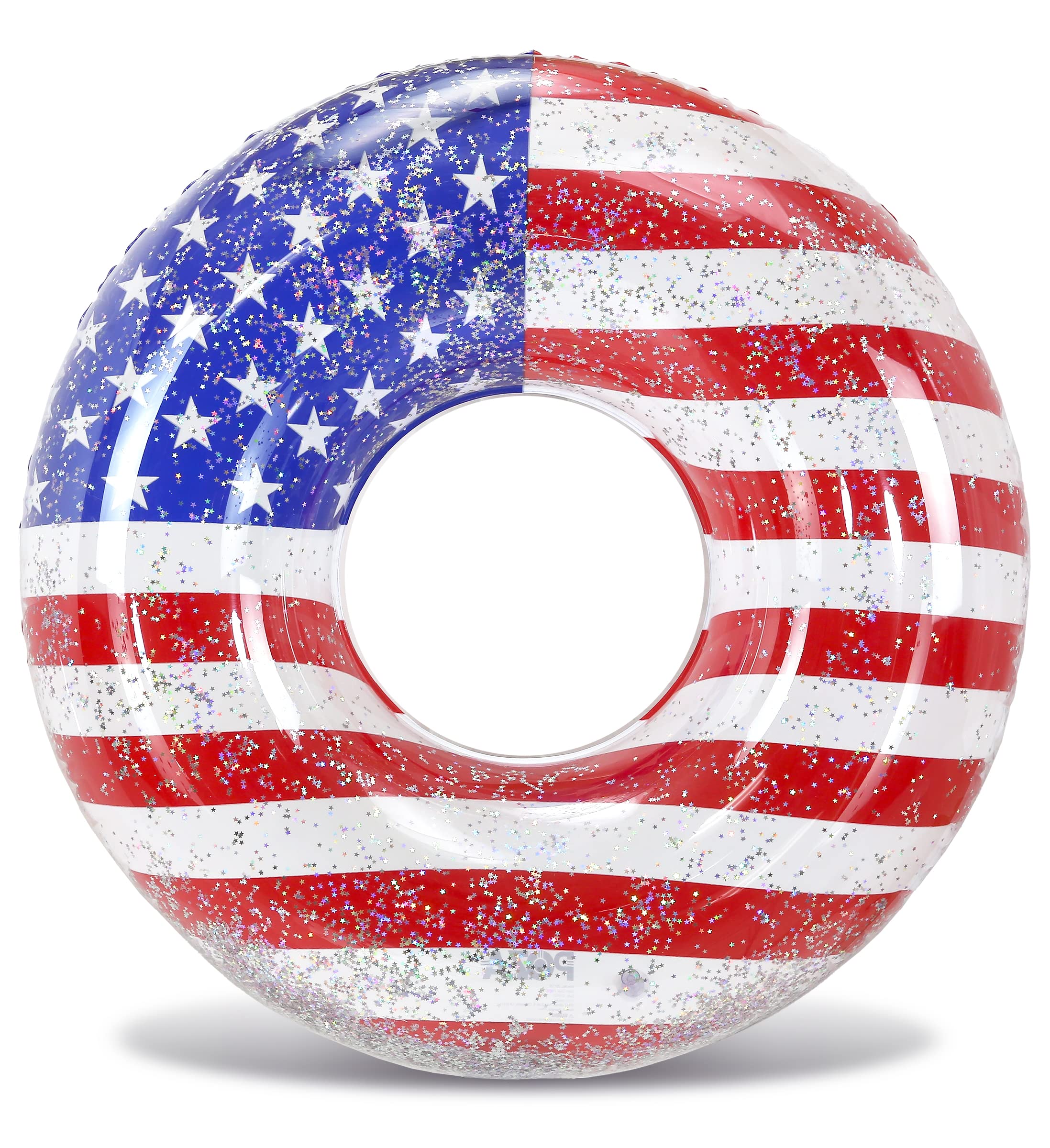 POZA Inflatable USA Pool Float - Luxurious Fun Lounger Filled with Sparkle Silver Stars Confetti, Cool USA Flag Design Water Swimming Pool Floaties