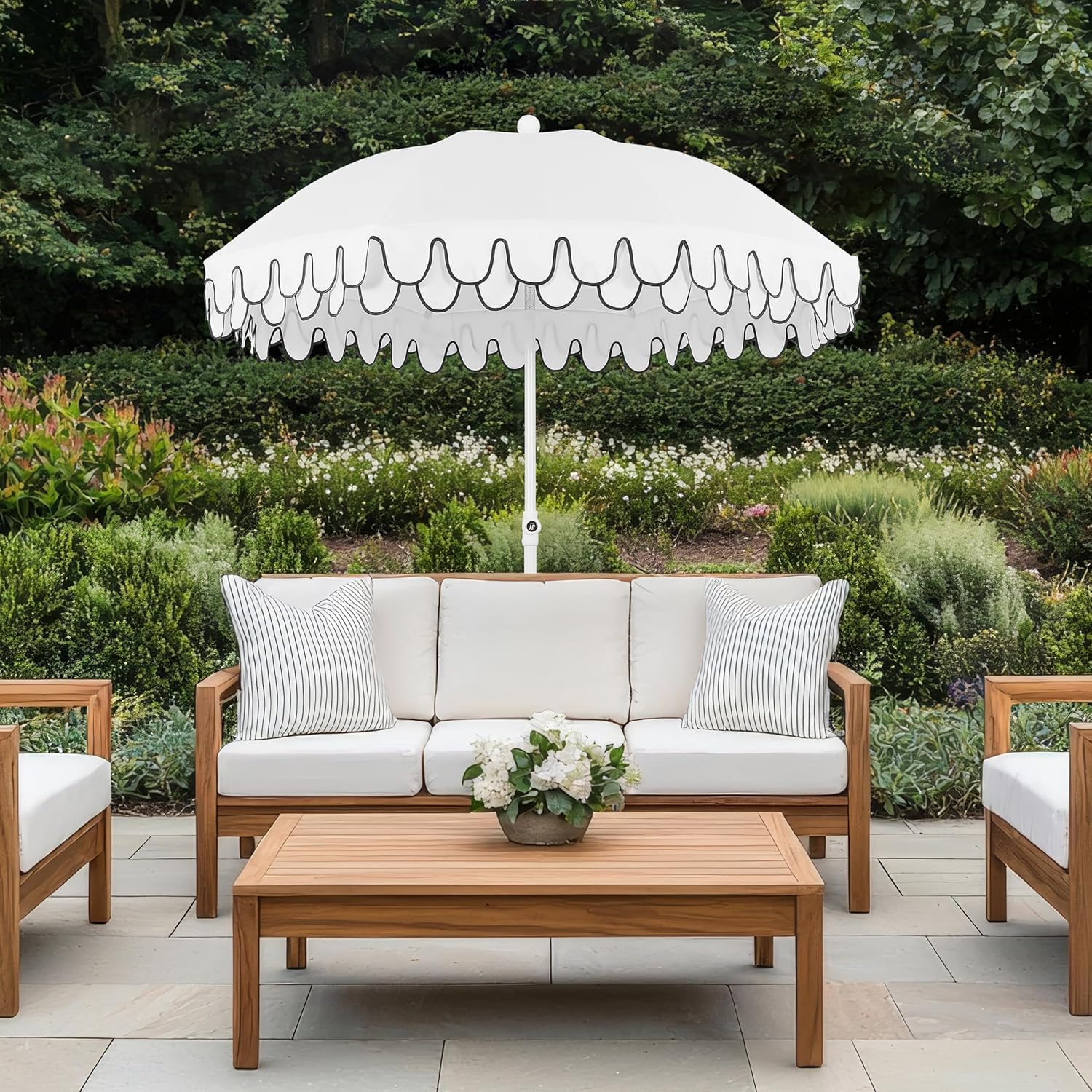 JONATHAN Y UMB1004D Horizon 6.5 ft. Classic MidCentury Scalloped Fringe Market Beach Umbrella with Push-Button Tilt, Wind Vent and UV Protection, and Matching Carry Bag in White/Black, White Pole - Image 2