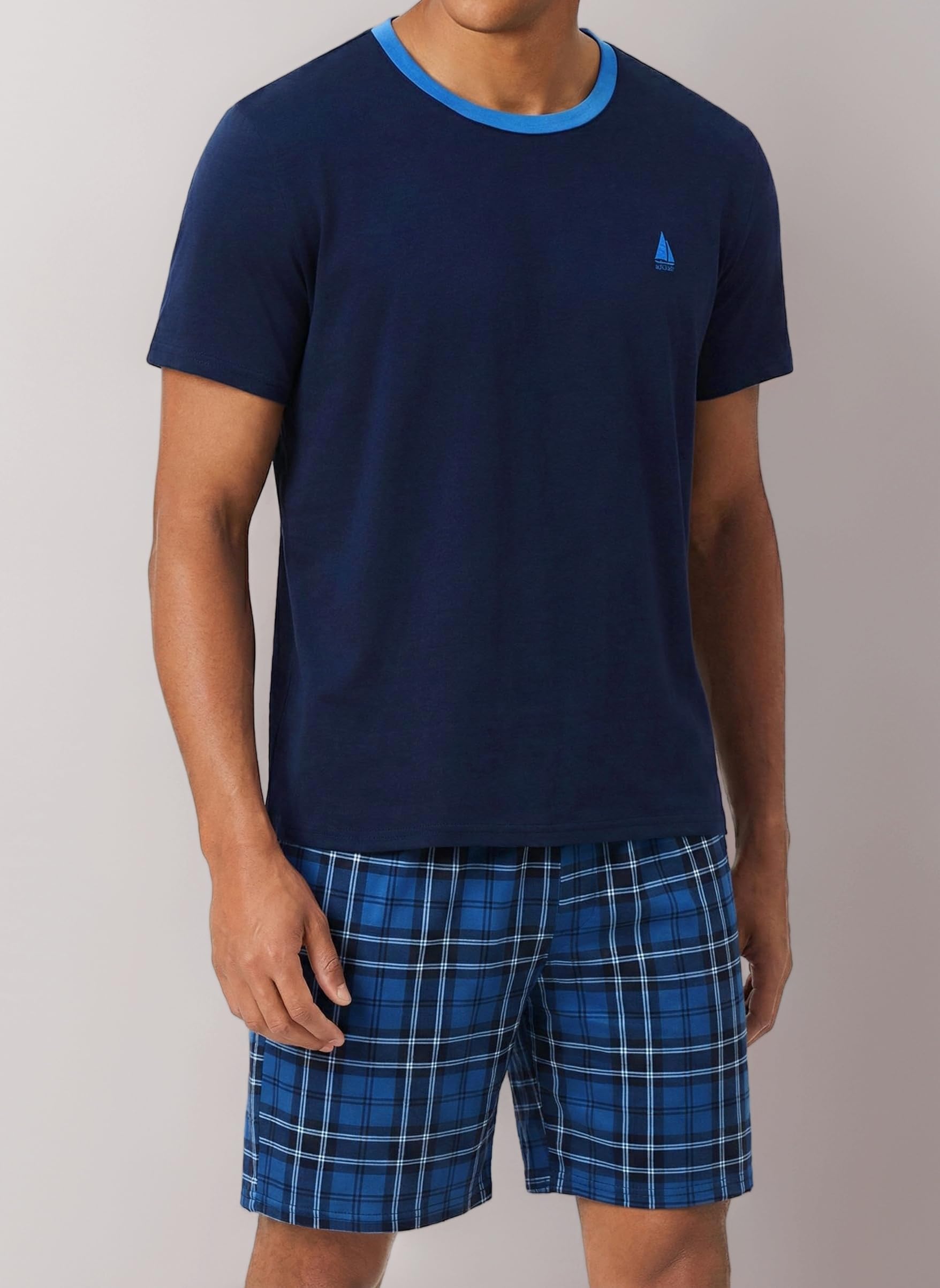 Mens Pyjamas Set Cotton Short Sleeve Pjs Plaid Shorts with Pockets Pyjama for Men Soft Nightwear Loungewear S-3XL