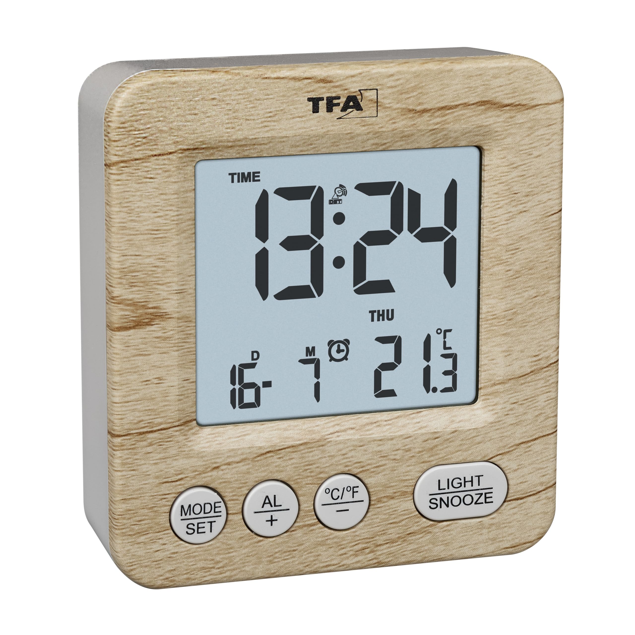 TFA Dostmann 60.2567.08 Digital Radio Alarm Clock with Wood Look, Radio-Controlled Clock, Travel Alarm Clock, Day of the Week and Date, Alarm with Time Zones, Battery Operated, Wood, Brown