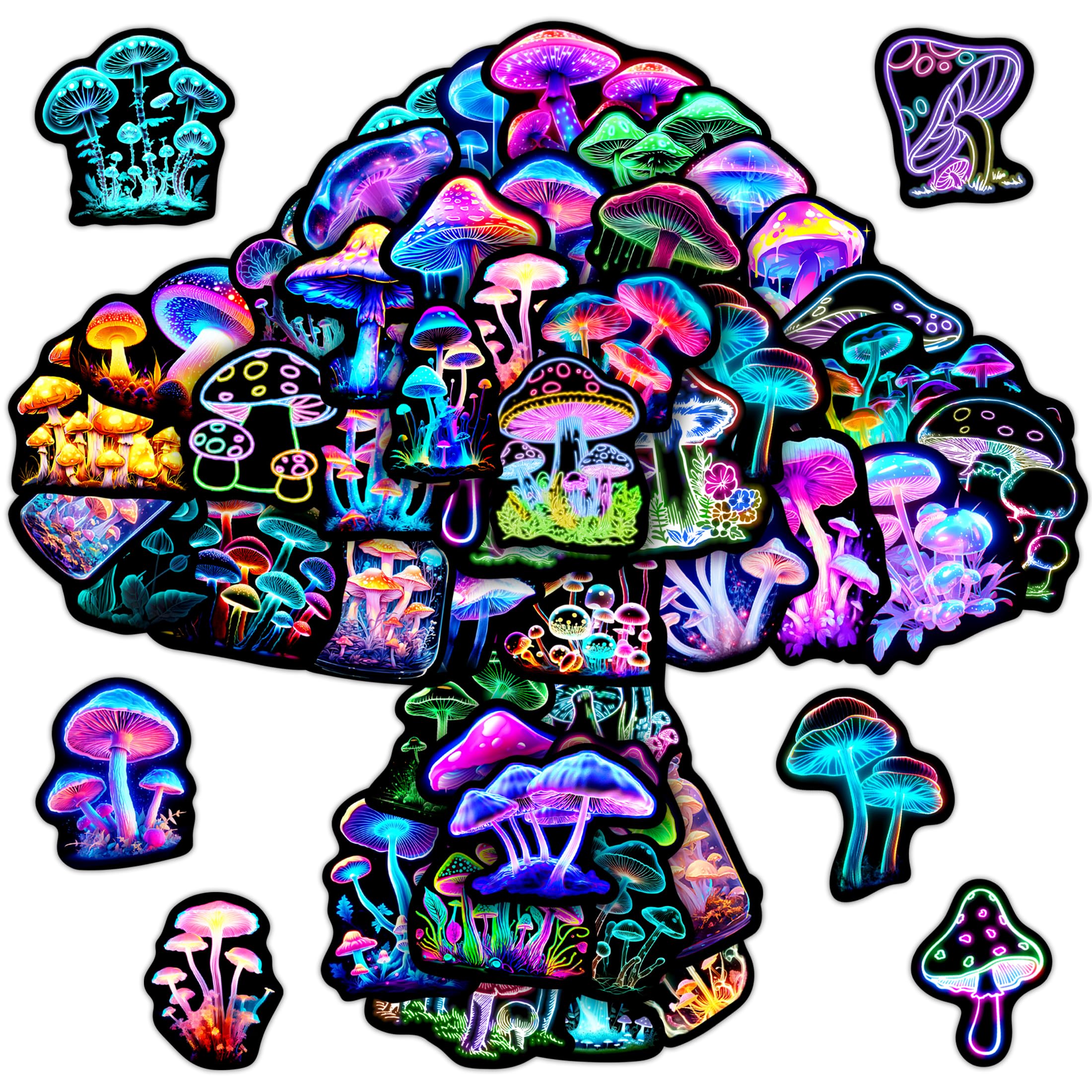 50 Pcs Neon Mushroom Stickers for Kids, Waterproof Vinyl Vegetation Decals for Water Bottle Laptop, Teens Girls Boys Students Adults Decor Pack