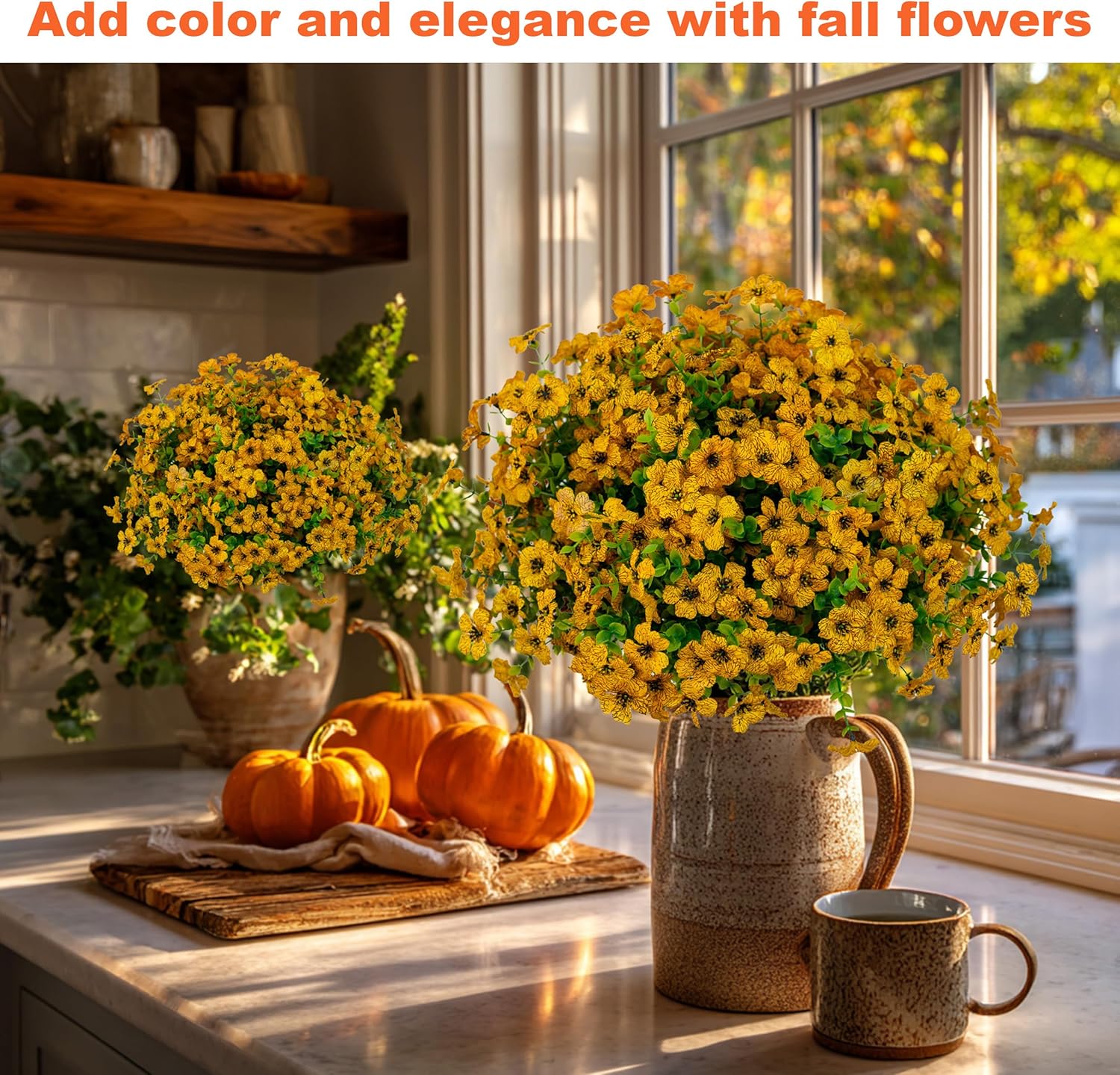 Artificial Fall Flowers for Outdoors Fake Mums - 16 Bundles Faux Plants Outside Greenery Boxwood No Fade Plastic Shrubs Decor Farmhouse Home Garden Thanksgiving (Yellow) - Image 5