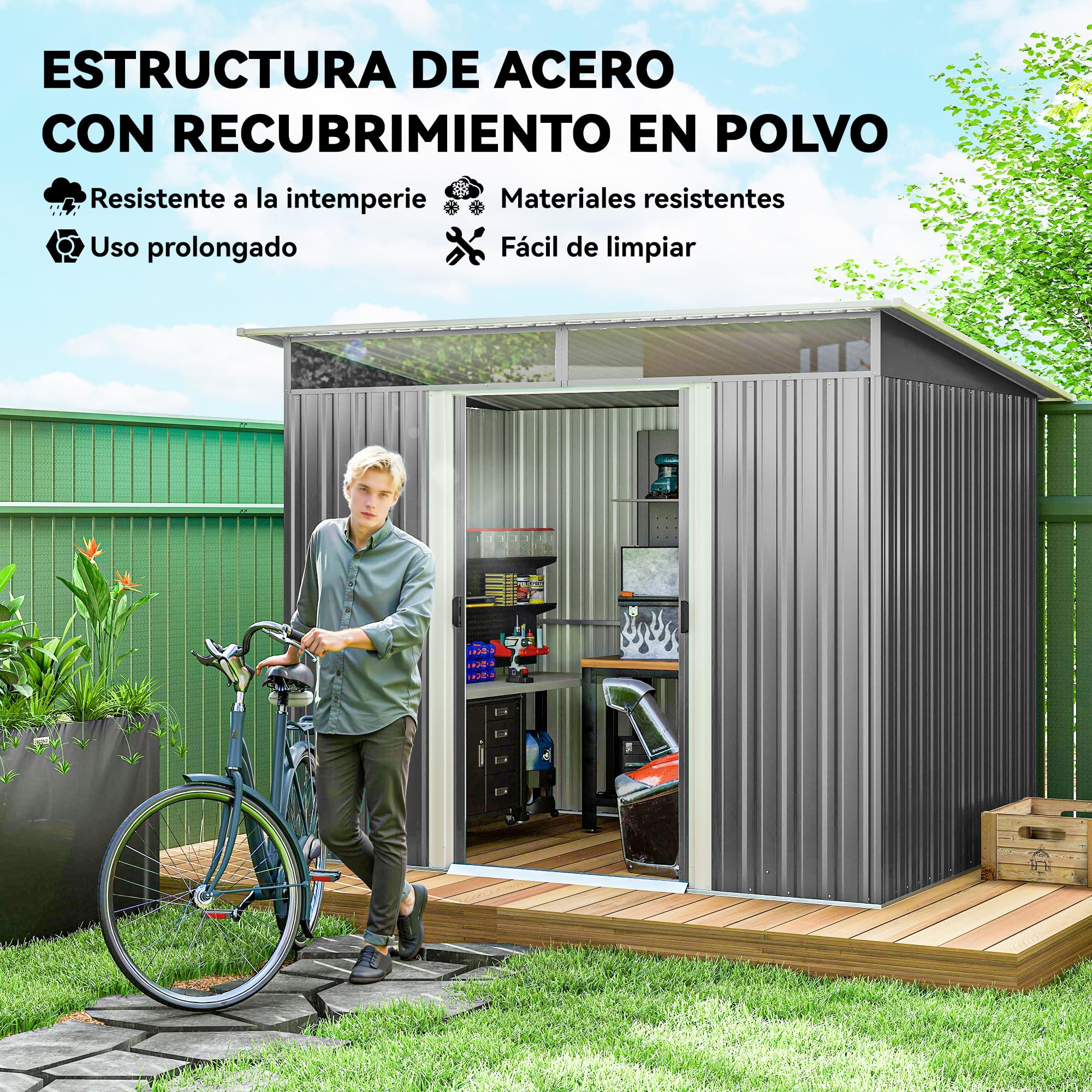 Outsunny Cobertizo de Jardín Exterior Metálica 4,5 m² 260x194x200cm Gris | Caseta de Jardín Exterior, Paneles Frontales Transparentes, 2 Puertas Corredizas, Almacenamiento de Herramientas