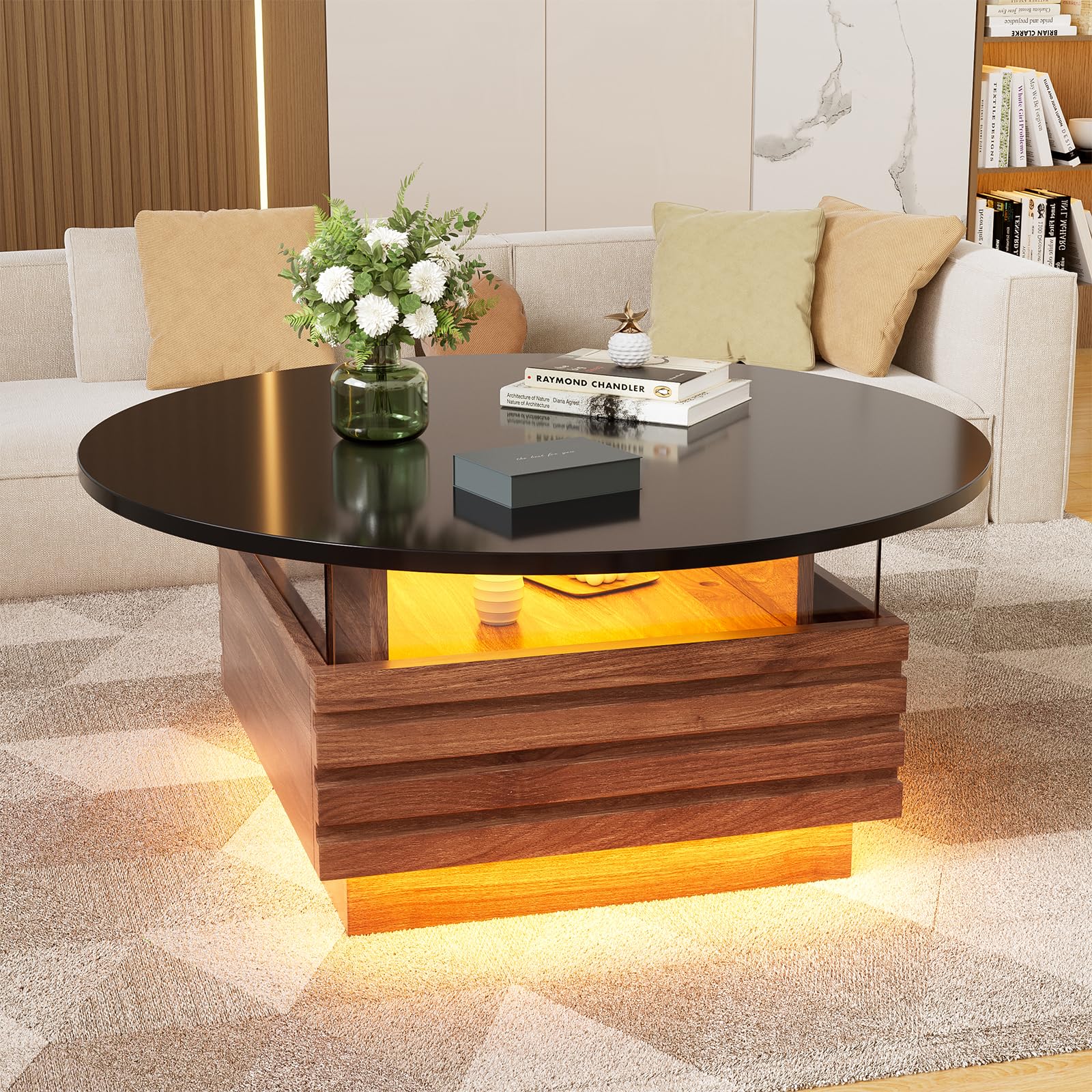 MSFE Runder Couchtisch mit LED Wohnzimmertisch mit 2 Schubladen Modern Sofatisch Runder Kaffeetisch mit Stauraum Couchtisch aus Holz & Gehärtetem Glas für das Wohnzimmer, Büro, Zuhause Ø 80cm x 40cmH