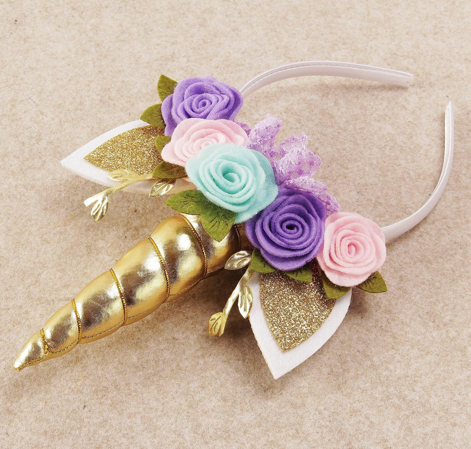 Nishine Unicorn Headband Nonwoven Flowers Cat Ears Pony Head Bands Tiara Glitter Horn for Cosplay Unicorn Party Supplies (Gold,turquoise) - Image 4