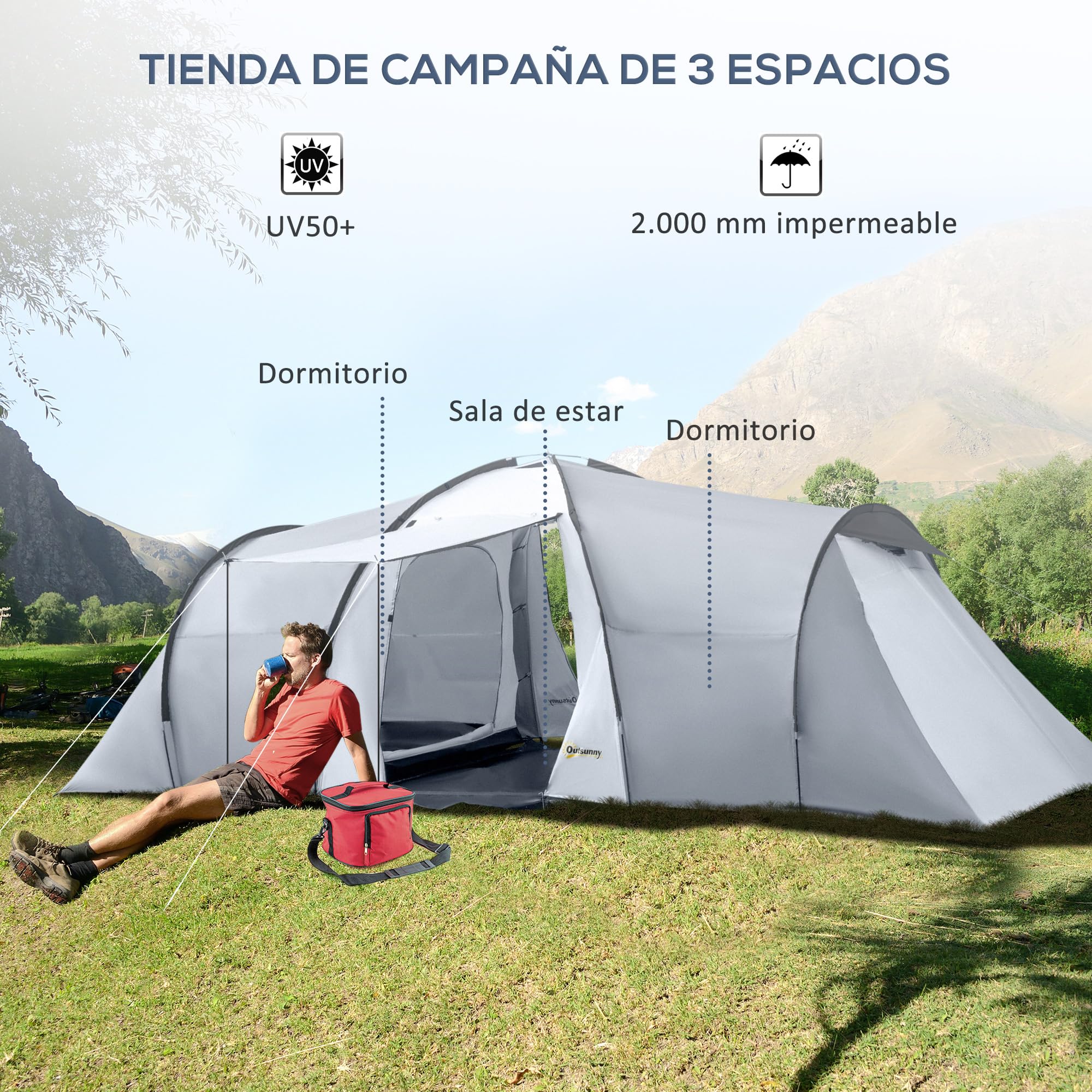Outsunny Tienda de Campaña Familiar para 4-6 Personas Tienda de Camping Plegable Ligero con 2 Ventanas y Bolsa de Transporte Impermeable Anti-UV para Senderismo 590x245x193 cm Gris